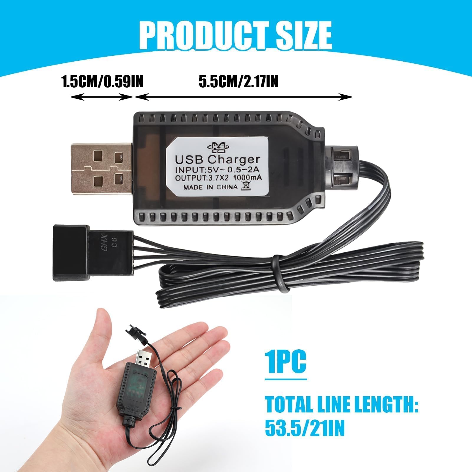 Litinliv USB-kabellader RC universeel met stekker SM-3P plug voor 2S LiPo-accu 7,4 V 1000 mA compatibel RC auto/vliegtuig/drone/boot