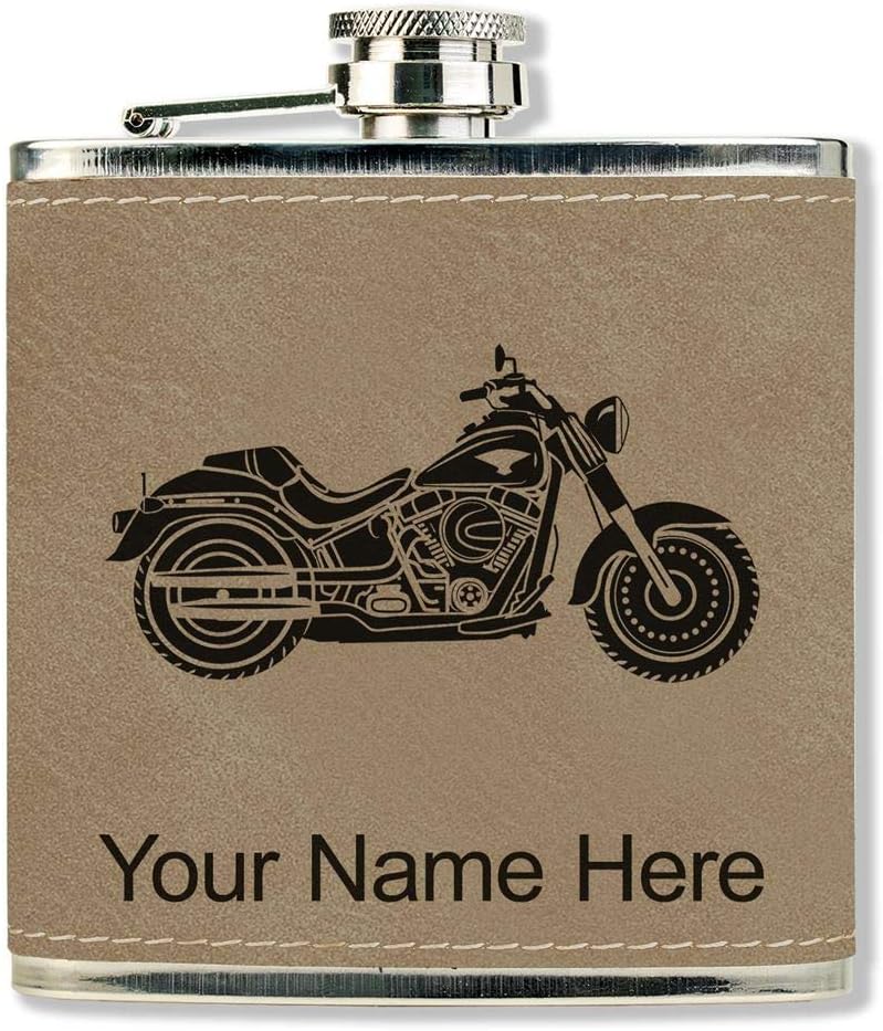 LaserGram Faux Leather Flask, Motorcycle, Personalized Engraving Included (Black With Silver)