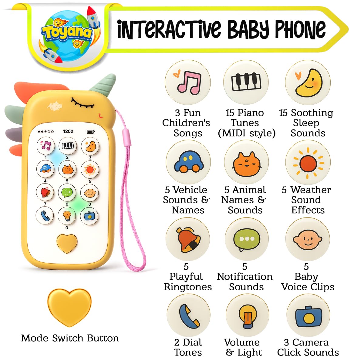 Toyana Baby Phone Toy, Interactive Early Learning with Silicone Buttons Light & Sound, Safe Non-Toxic Mobile Phone - Image 3