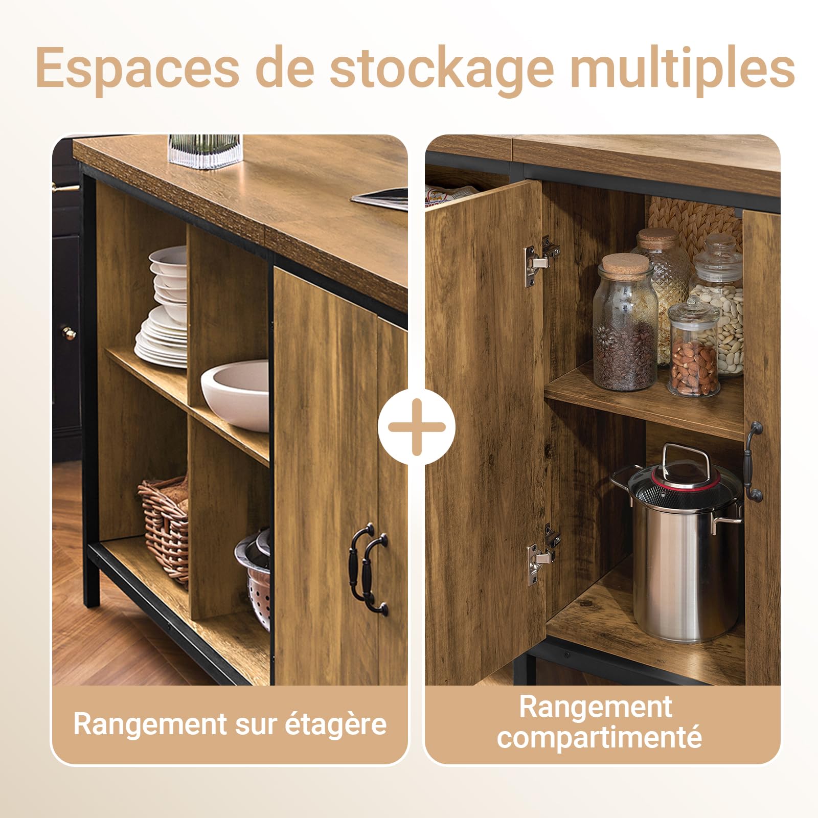 SoBuy Îlot de Cuisine, Meuble de Rangement Multifonction, Buffet avec Plan de Travail de 170 cm, Meuble de Cuisine, Armoire Bar pour Salon, Buffet Salon, Marron Vintage, 170 x 60 x 89 cm KNL01-F