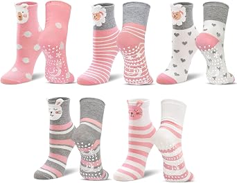 Hellomamma Non-Slip Socks for Kids Girls Cute Animal Cotton Socks with Grips for Toddlers & Children Anti Skid for Indoor