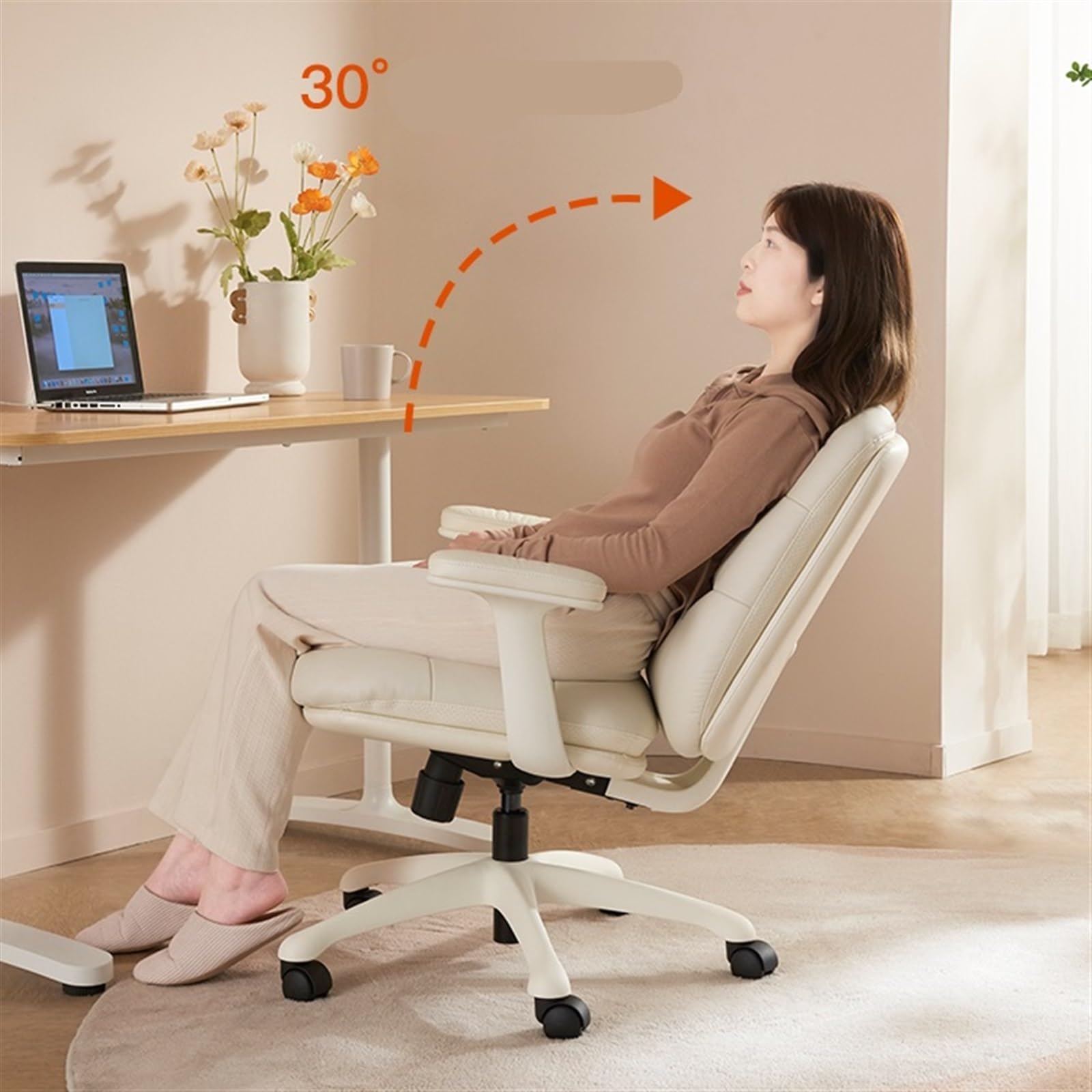 Ergonomiczne krzesło biurowe, ergonomiczne krzesło biurowe, ze średnim oparciem, krzesło do biura domowego z kółkami, obrotowe krzesło ze skóry PU dla oszczędności miejsca, beżowe C