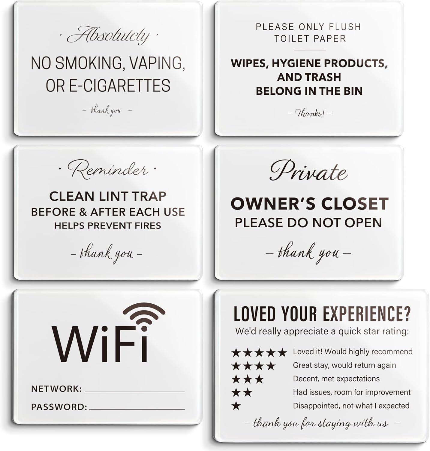 Vacation Rental & BnB Host Starter Kit - 6 Pack (5"x3") - Short Term Home Guest Essentials - WiFi Password, No Smoking, Owner's Closet & Review Signs - Modern Minimalist Black & White Decor