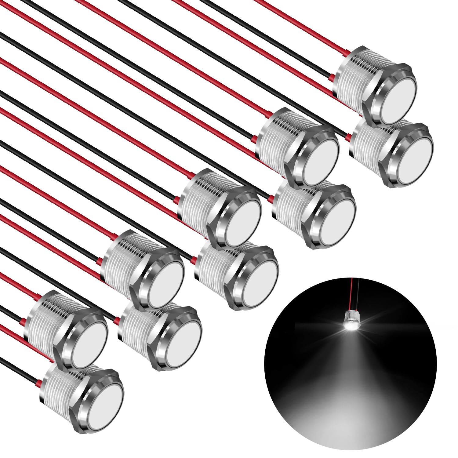 FICOLPO 10 Pcs LED Metal Waterproof Indicator Light, 12-24V 0.63-inch Mounting Hole Pre-Wired Pilot Signal Light for Car, Trucks, Boats, Marine, Dash,