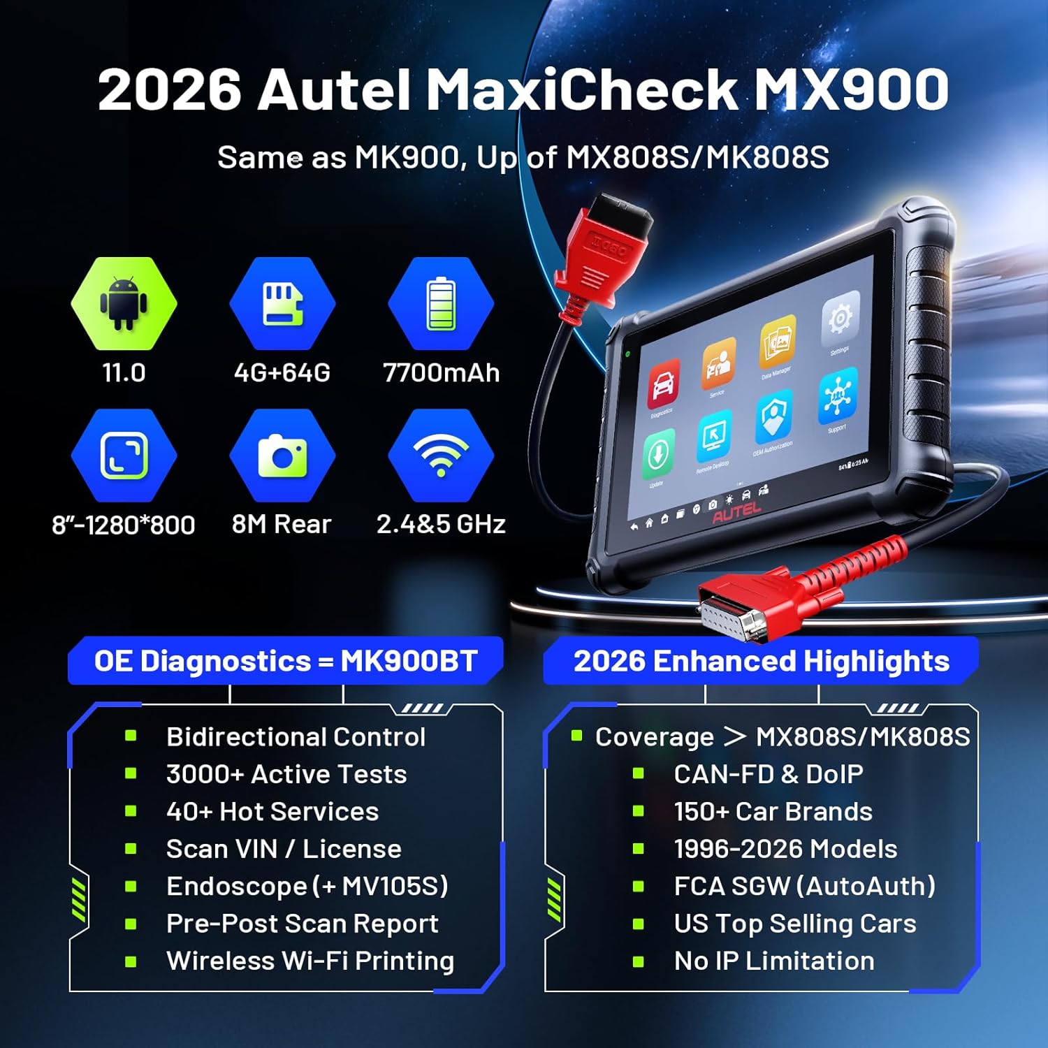 Autel Scanner MaxiCheck MX900: 2026 Bidirectional Scan Tool Upgrade of MX808S MK808S MK808BT-Pro, US Ver. of Autel MK900BT MK900, CANFD &DOIP, 40+Services, 3000+ Active Test, All-System Diagnose