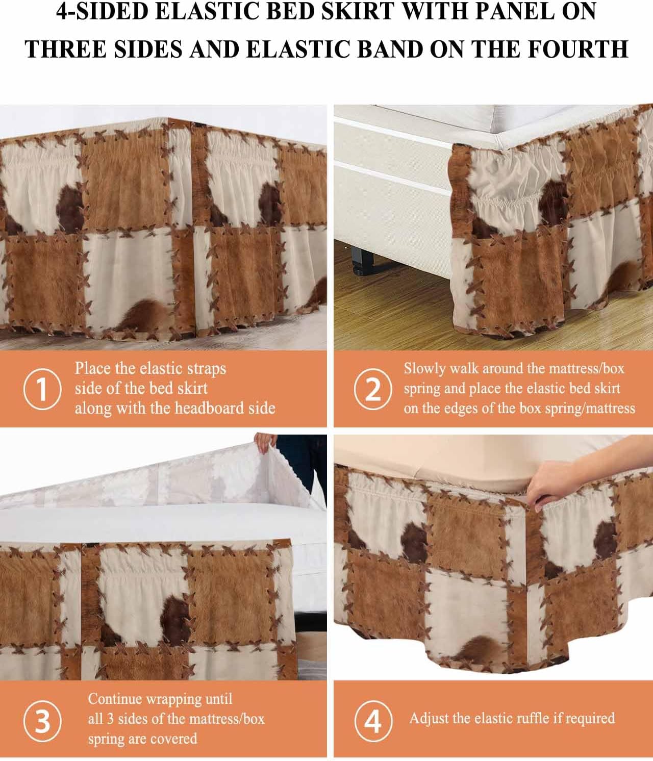 Bed Skirt Cowhide Bed Skirt 18 Inch Drop Cow Fur Print Farm Animal Skin Brown Elastic Wrap Around Bed Skirt Dust Ruffle for Queen Size Bed
