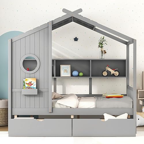 Miniatura 121 de Cama de casa de tamaño individual con 2 cajones, marco de cama de madera y barandilla de seguridad. Ahorra espacio, ideal para el dormitorio de un