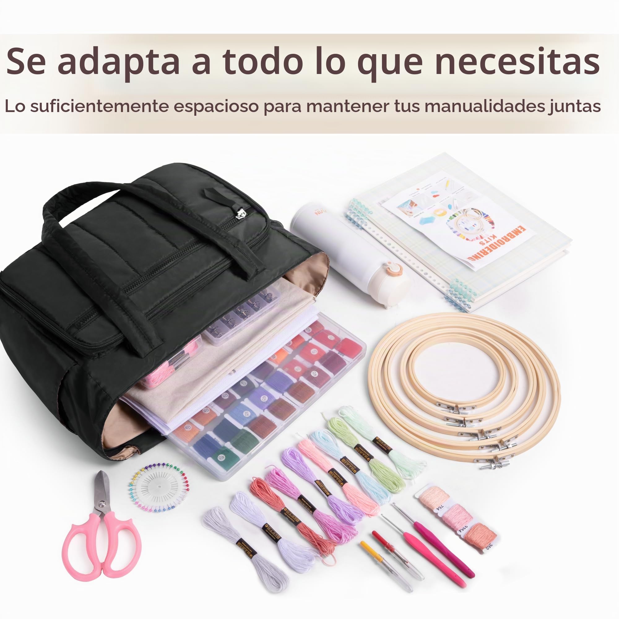 Luxja Bolsa para Kit de Bordado con Múltiples Bolsillos, Bolsa para Proyectos de Bordado para Kits de Punto de Cruz, Negro