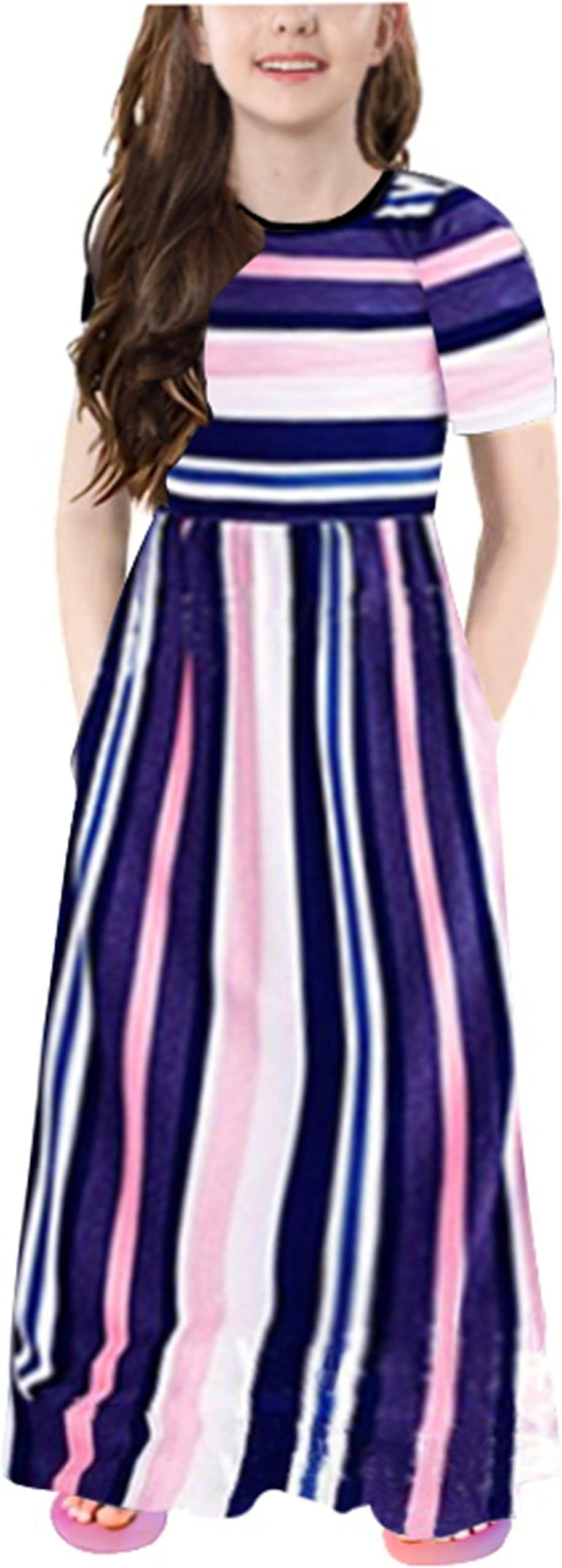Miss Bei Girl's Summer Short Long Sleeve Stripe Floral Printed Holiday Dress Maxi Dresses with Pocket Size 3-16T