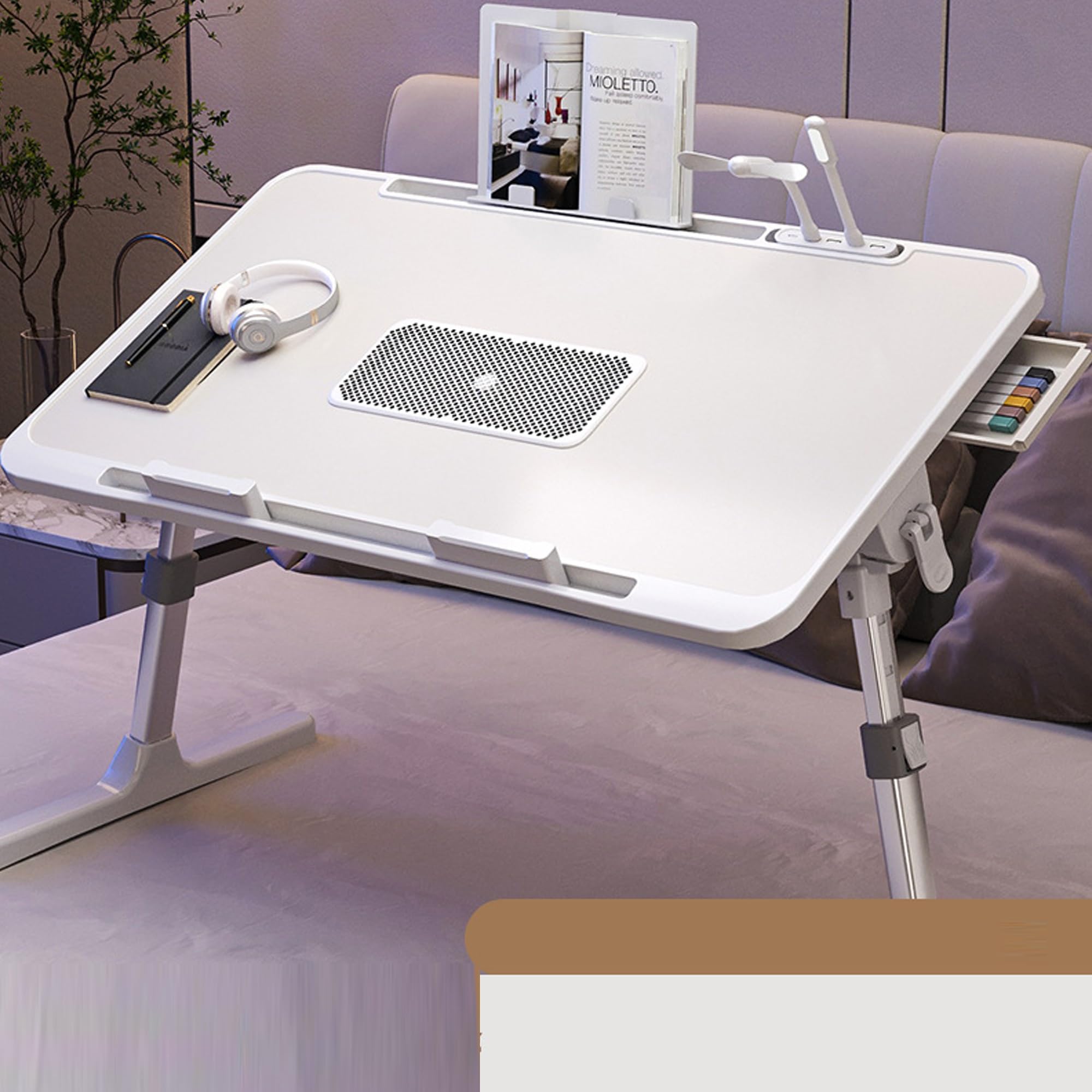Regulowane składane małe biurko z półką na książki, szufladą i wentylatorem USB - drewniany stolik na komputer, regulowany kąt - idealne do gier, nauki i pracy (kolor: biały)