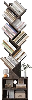 8 Tier Tree Bookshelf, Wood Bookcase with Storage Cabinet, Modern Tall N...