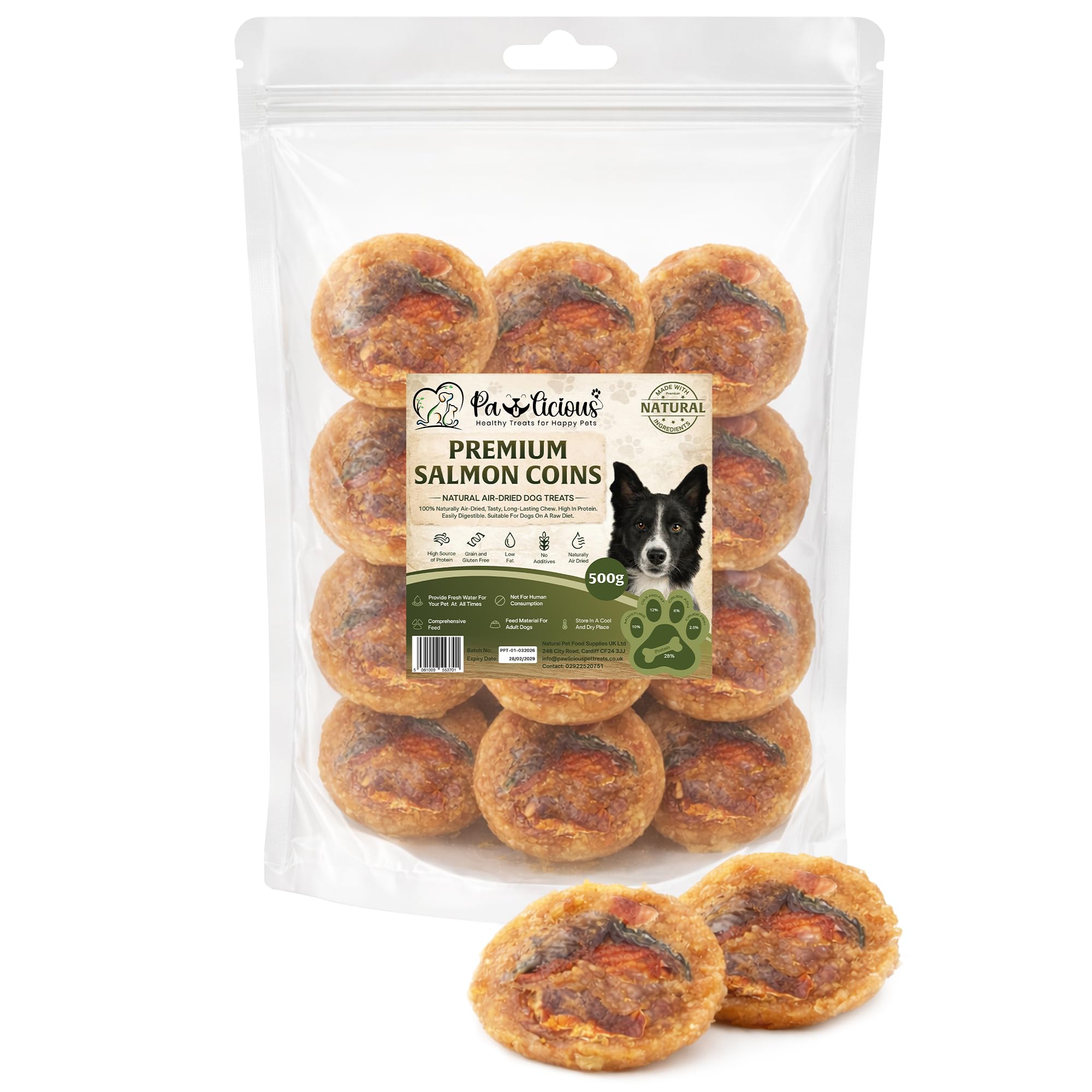 Pawlicious Salmon Coins Dog Treats 500g, Natural Air-Dried Fish Chews, Grain Free, Hypoallergenic, Omega 3, Single Ingredient, Low Fat, Skin and Coat, Training Treats for Dogs and Puppies