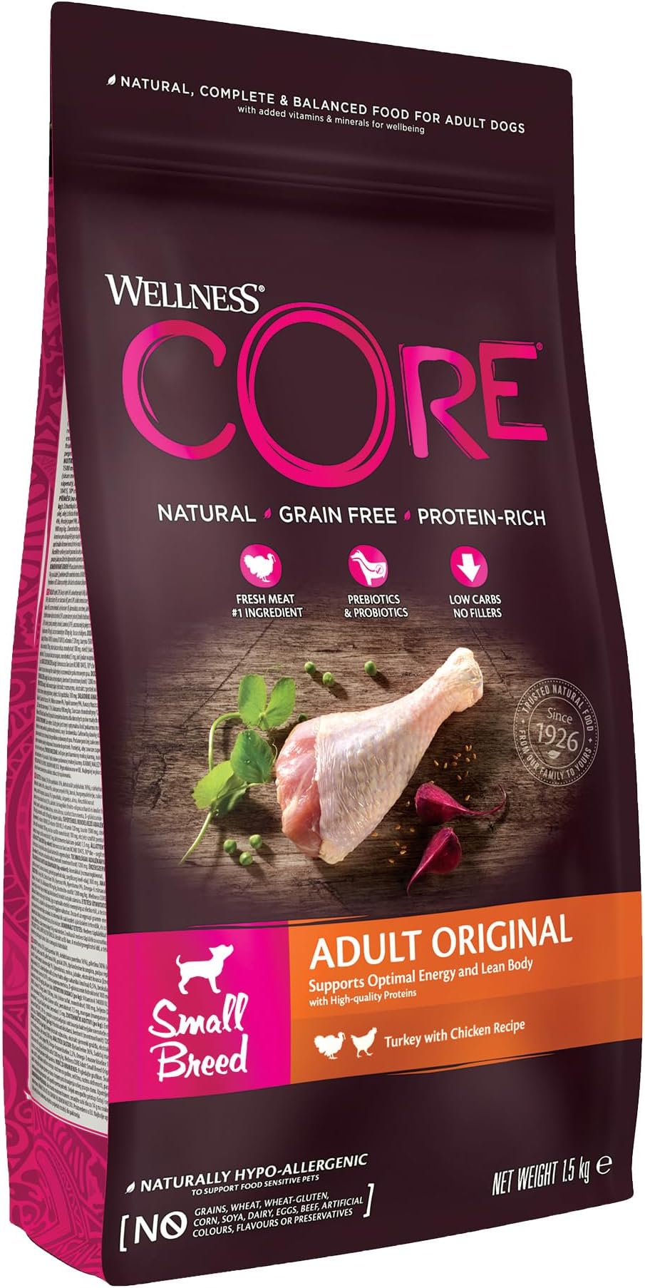 Wellness CORE Original 1.5 kg, Chicken & Turkey – Dry Dog Food for Small Breeds, Grain-Free, Natural, Hypoallergenic, Protein-Rich, High Meat Content, Supports Optimal Energy & Lean Body