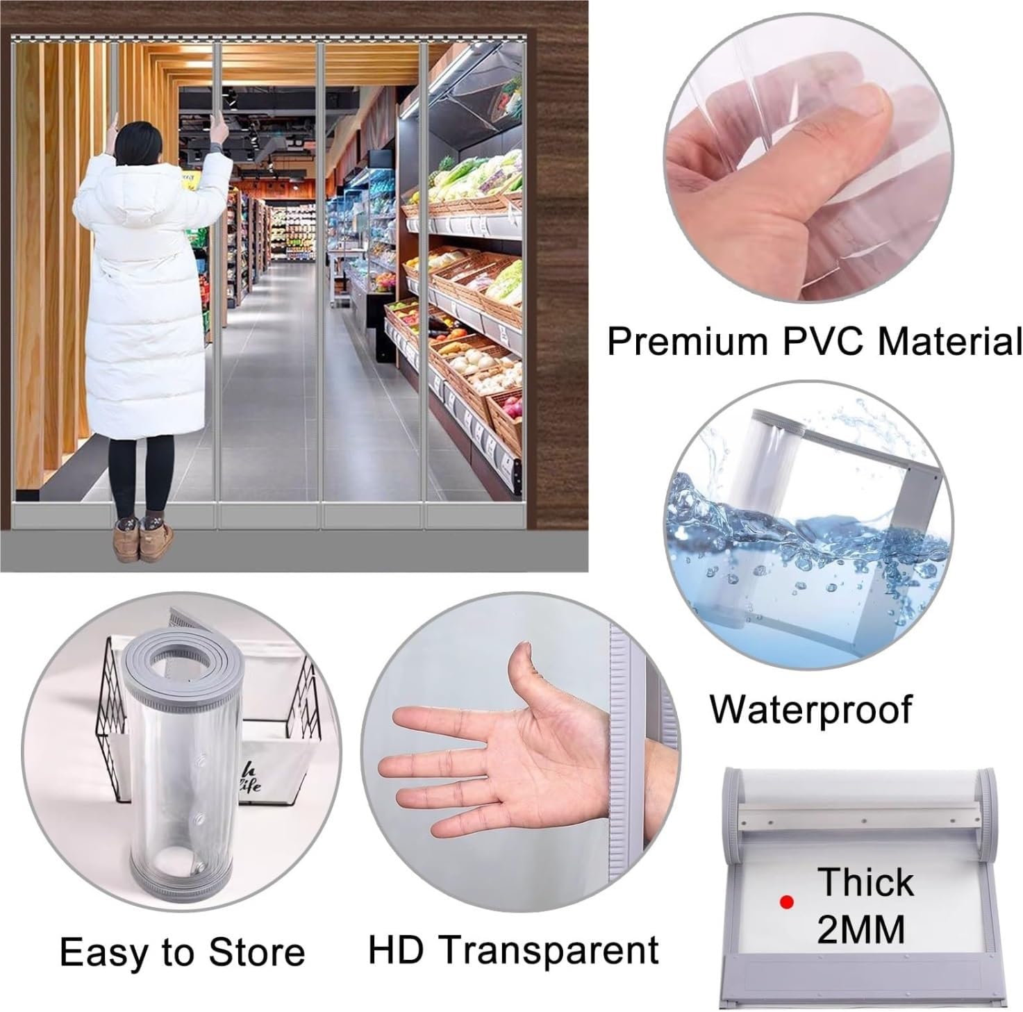 Plastic Vinyl Strip Door Curtain – Clear PVC Curtain for Commercial Industrial Entrance, Magnetic Closure Curtain Strip for Doorways of Pet Home, Warehouse(195x210cm/76x84in)