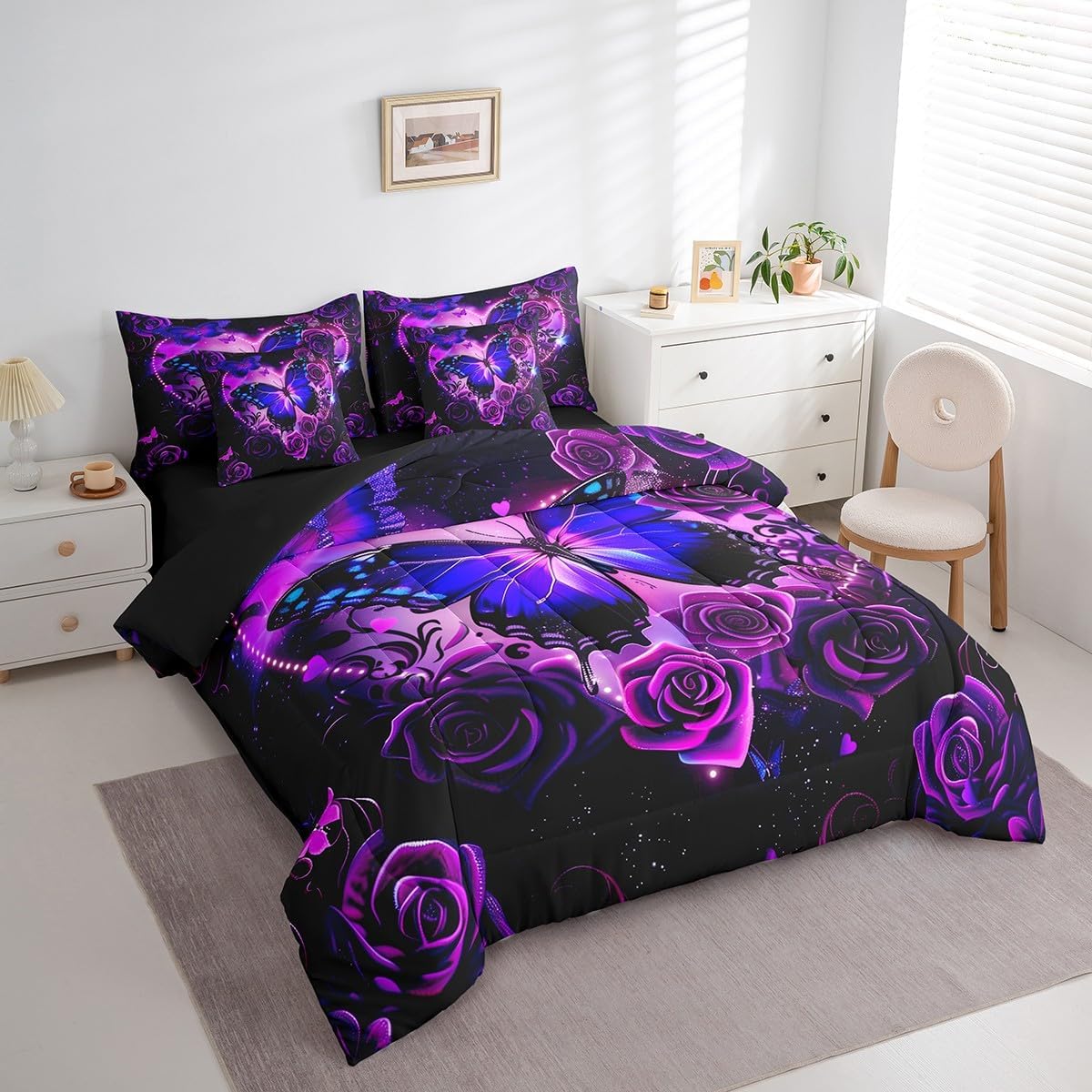 Erosebridal Butterfly 7 Pcs Comforter Set King Romantic Roses Bedding for Woman Rose Flowers Sheet Set Bed in A Bag Boho Butterflies Floral Bedroom Decor Purple Bed Set