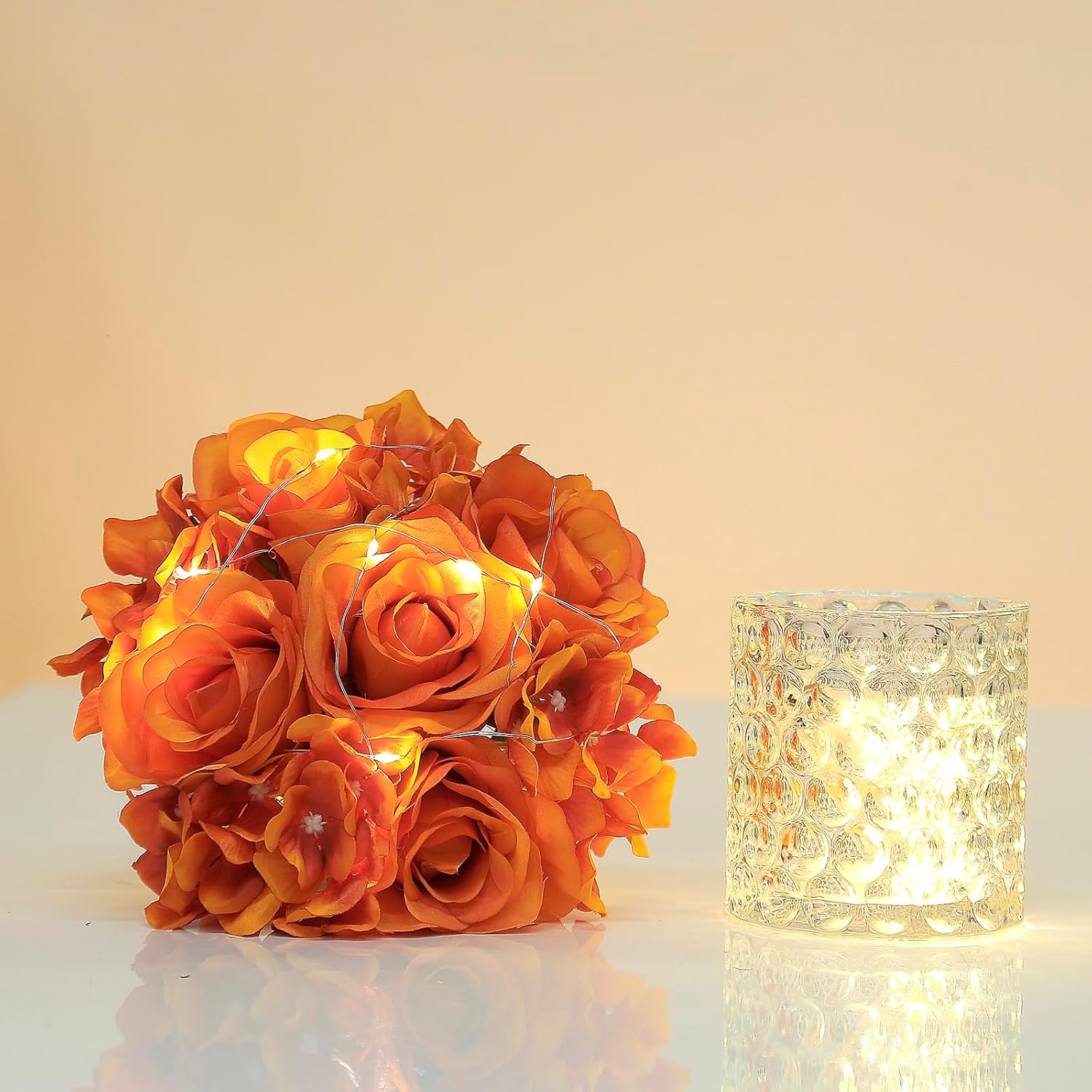 Rose Silk Flower Arrangement Artificial Vivid Rose in Glass Vase with LED Light Elegant Centerpiece for Home Wedding Bathroom Table Shelf Decoration (Orange) - Image 7