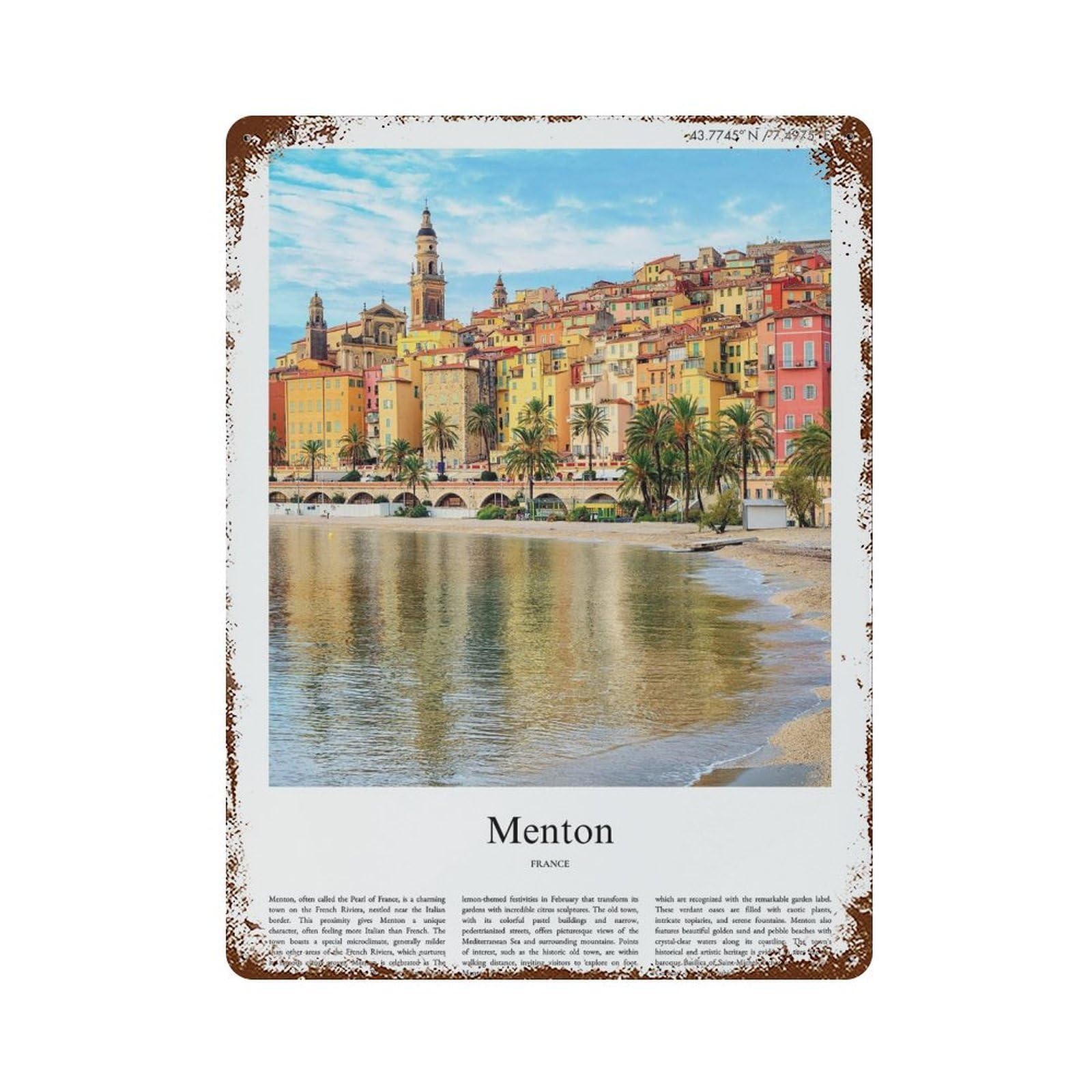 xiaoxiaoshen Menton France City Scenery Wall Decor Art Metal Tin Poster Modern Home Decor Art Home Bar Shop Decorations Vintage Sign 40x30cm