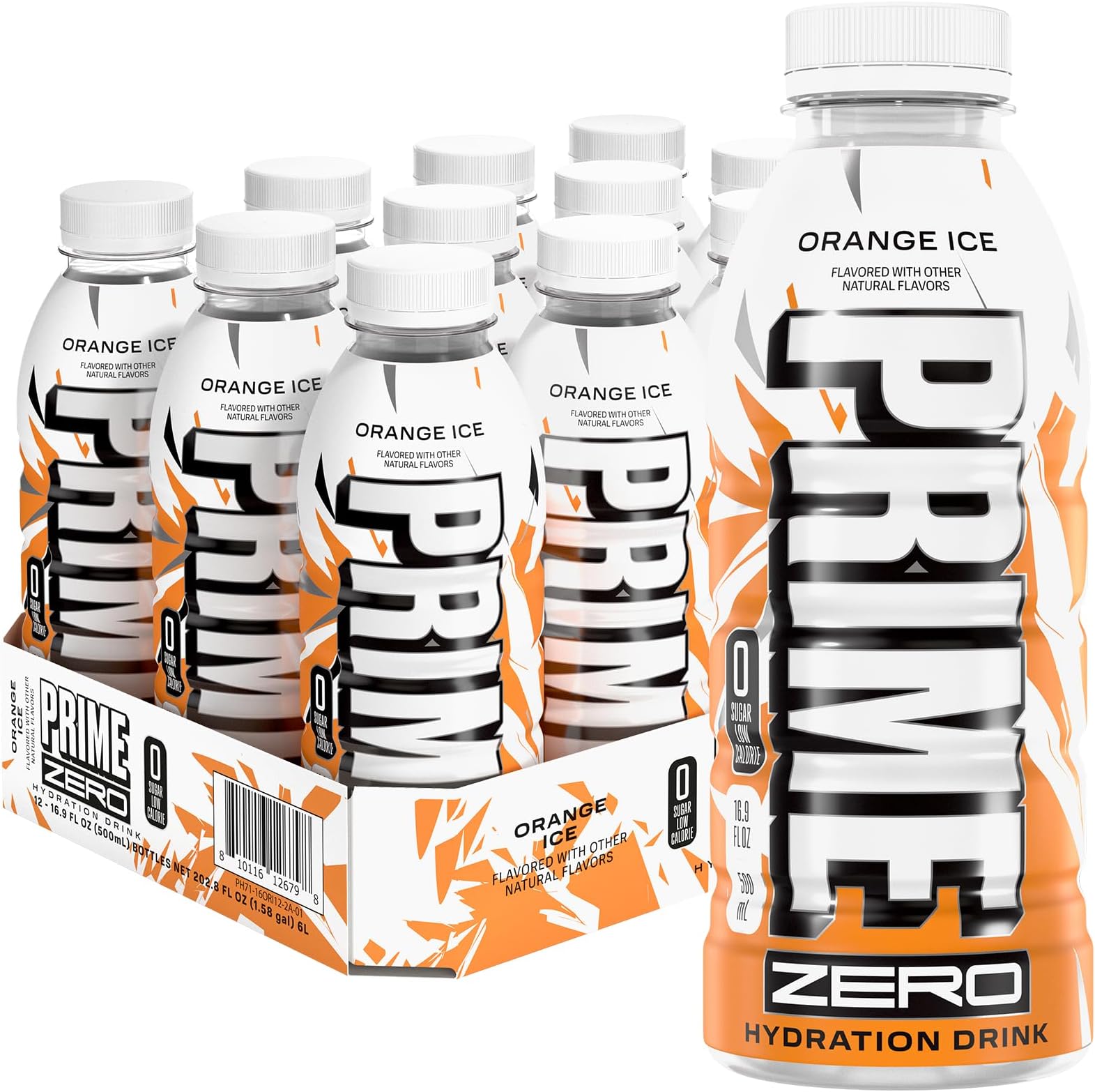 PRIME ZERO ORANGE ICE, Sugar Free Sports Drinks, Electrolyte Enhanced to Replenish Fluids, B Vitamins, Antioxidants, Low Calorie, Made with Natural Flavors, 16.9 Fl Oz 12 Pack
