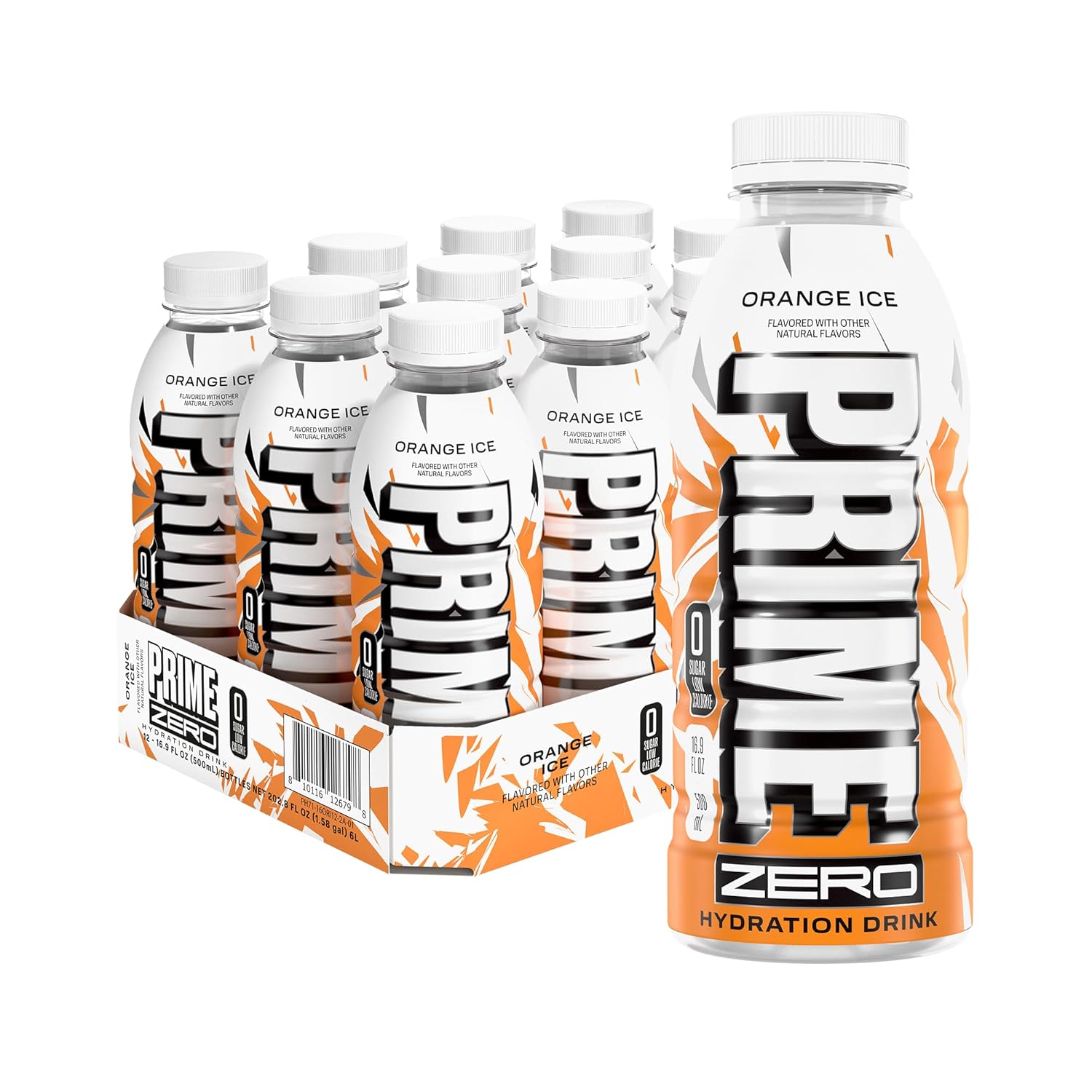 PRIME ZERO ORANGE ICE, Sugar Free Sports Drinks, Electrolyte Enhanced to Replenish Fluids, B Vitamins, Antioxidants, Low Calorie, Made with Natural Flavors, 16.9 Fl Oz 12 Pack