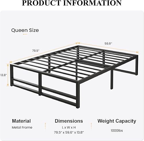 Miniatura 2 de SHA CERLIN Marco de cama de plataforma de metal resistente de 14 pulgadas, tamaño Queen, gran espacio de almacenamiento debajo de la cama, fuerte