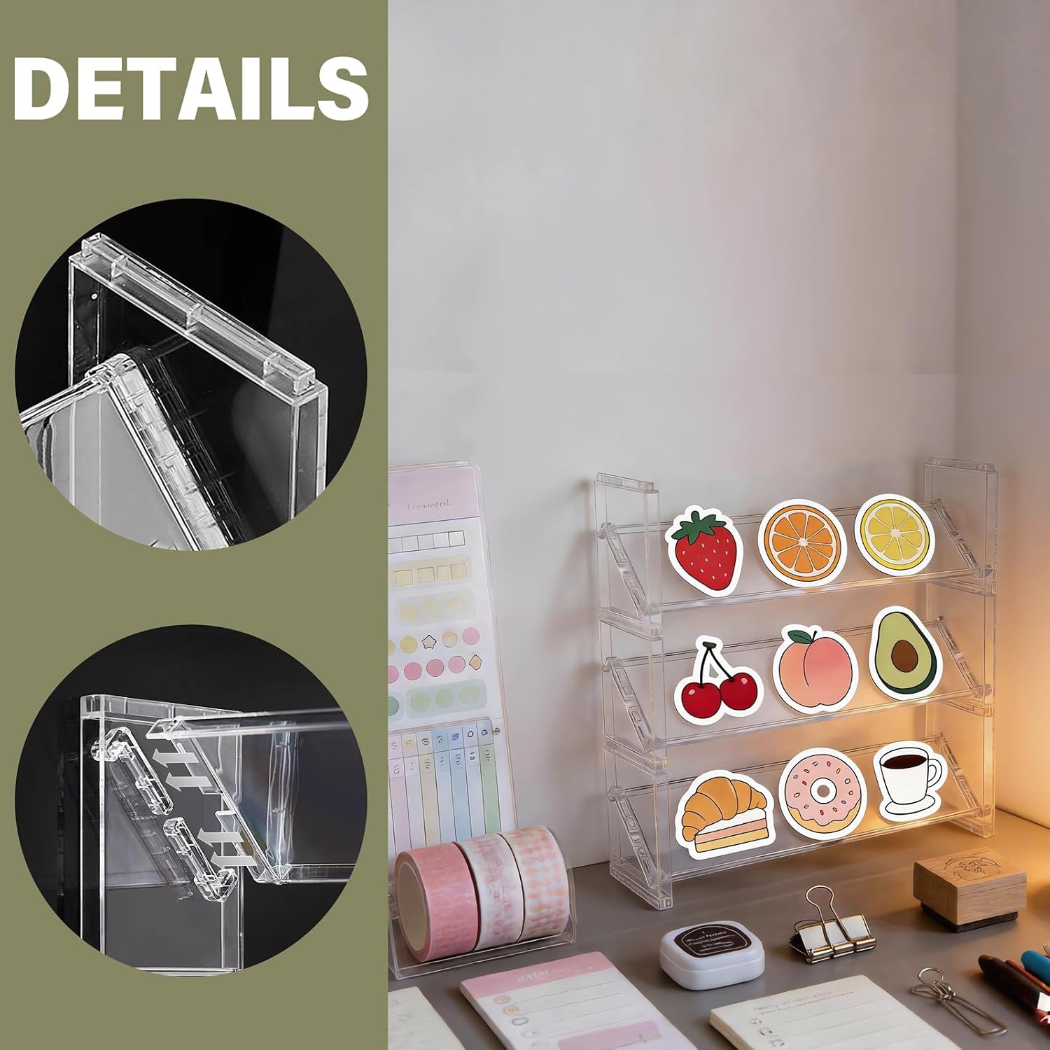 SnowTing 3-Tier 12.6'' Sticker Display Stand, Clear Plastic Desktop Storage Holder, Stackable Display Organizer for Badges, Stickers, Sports Cards, Graded Card, Greeting Cards Collection