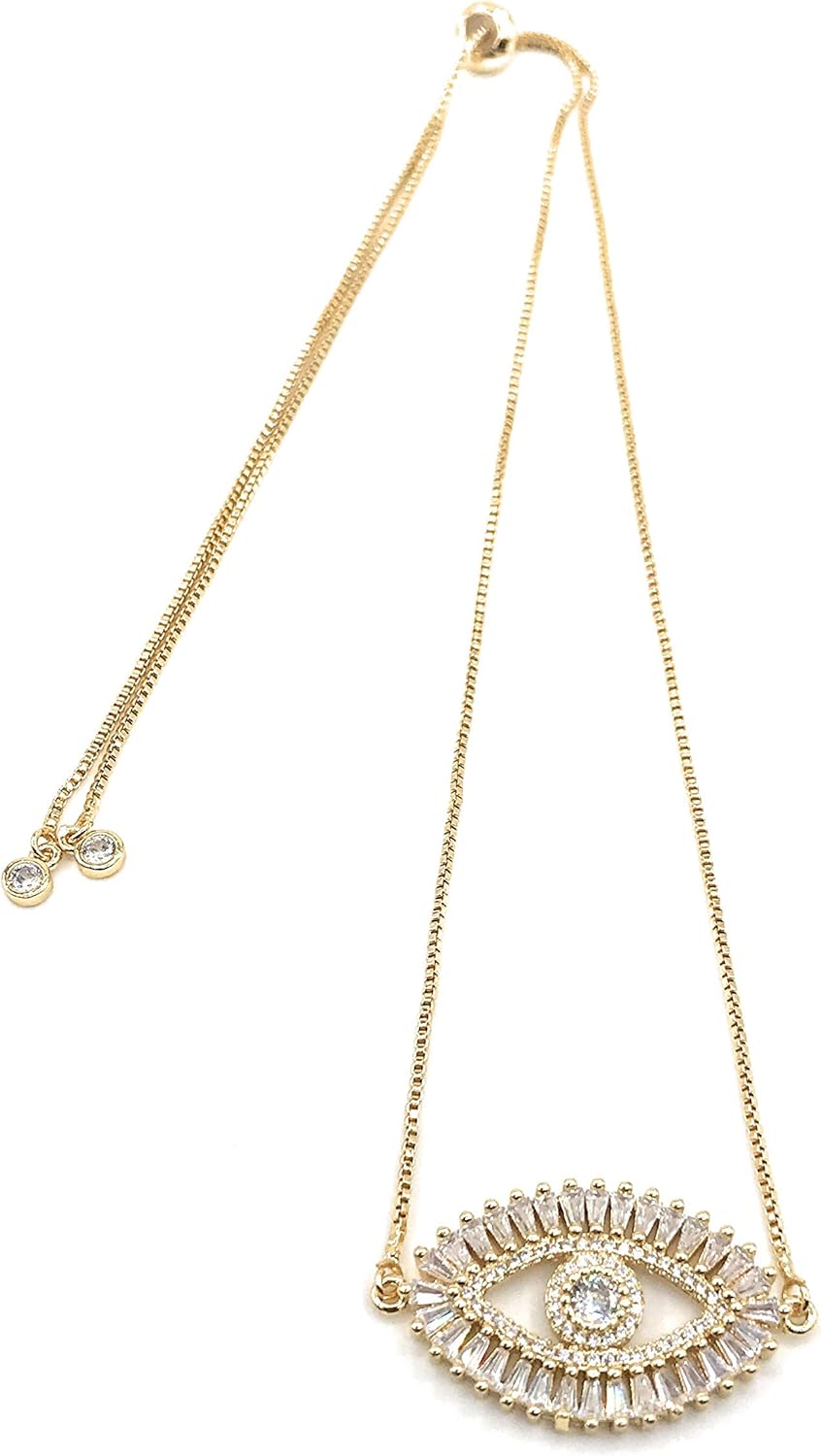 LESLIE BOULES Gold Evil Eye Necklace 18K Gold Plated Sliding Adjustable Chain Choker Jewelry