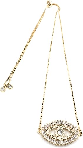 LESLIE BOULES Collar de ojo malvado de oro chapado en oro de 18 quilates con cadena ajustable deslizante, Cristal