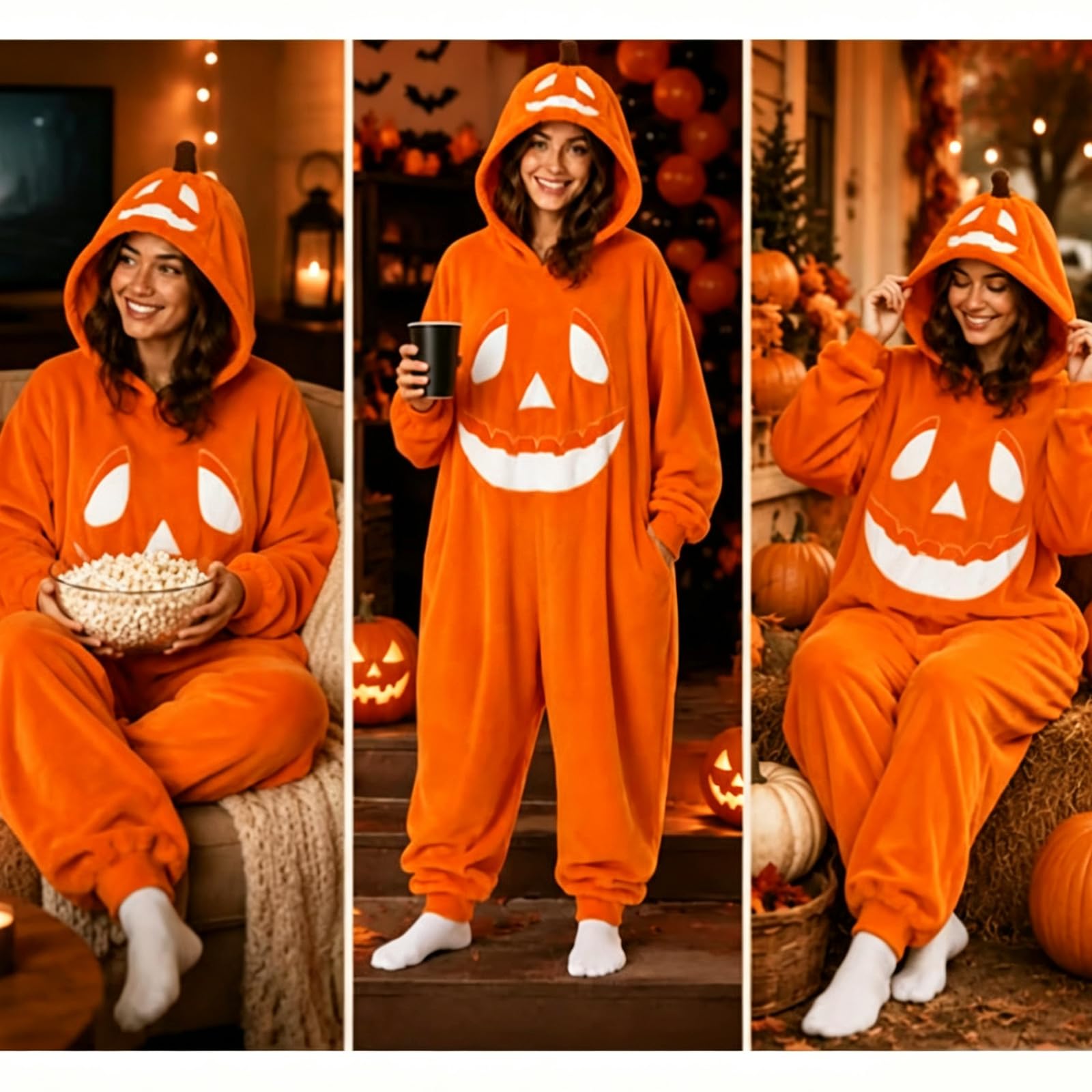 Pigiama Halloween con Cappuccio per Adulti | Indumenti da notte in pile zucca, tuta da salotto accogliente, abito fotografico autunnale, rilassante