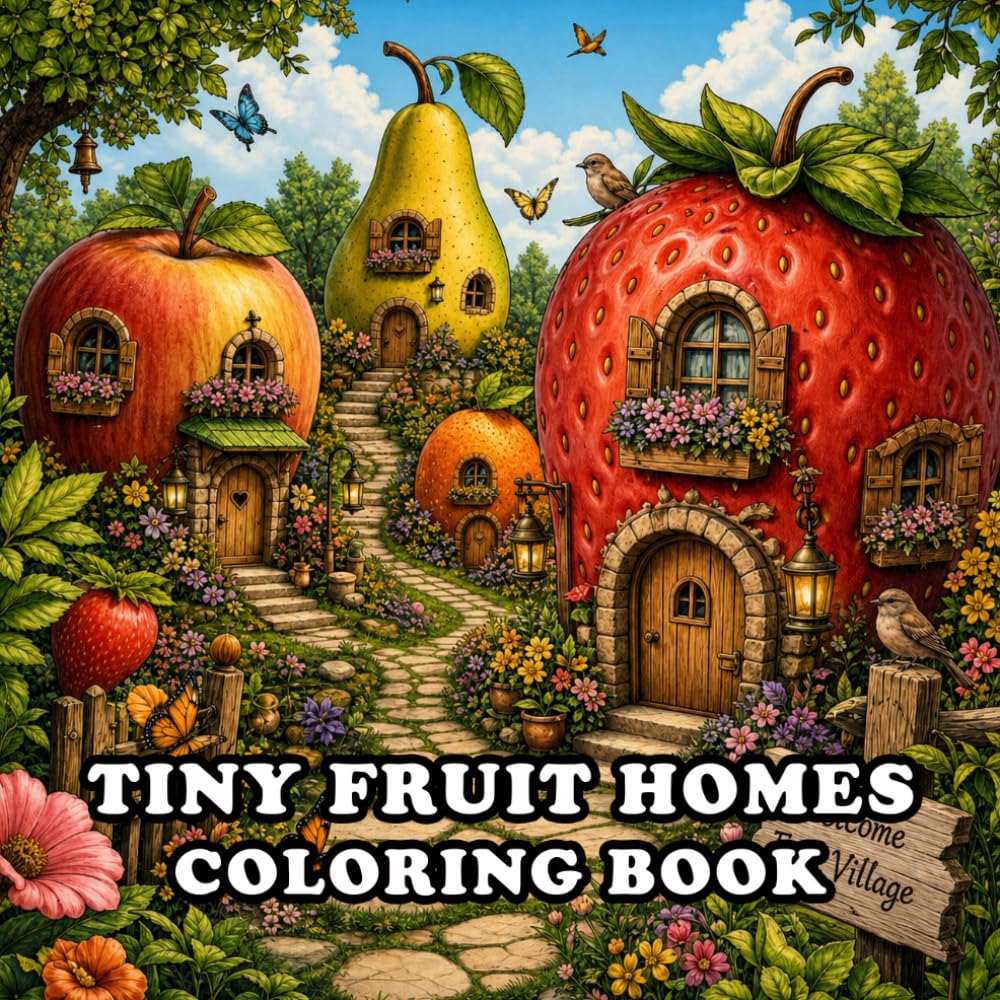 Tiny Homes Fruits Coloring Book: 55 Whimsical Fruit House Designs Filled with Cozy Tiny Homes, Sweet Gardens & Charming Details | Tiny Homes Coloring Book for Adults and Teens