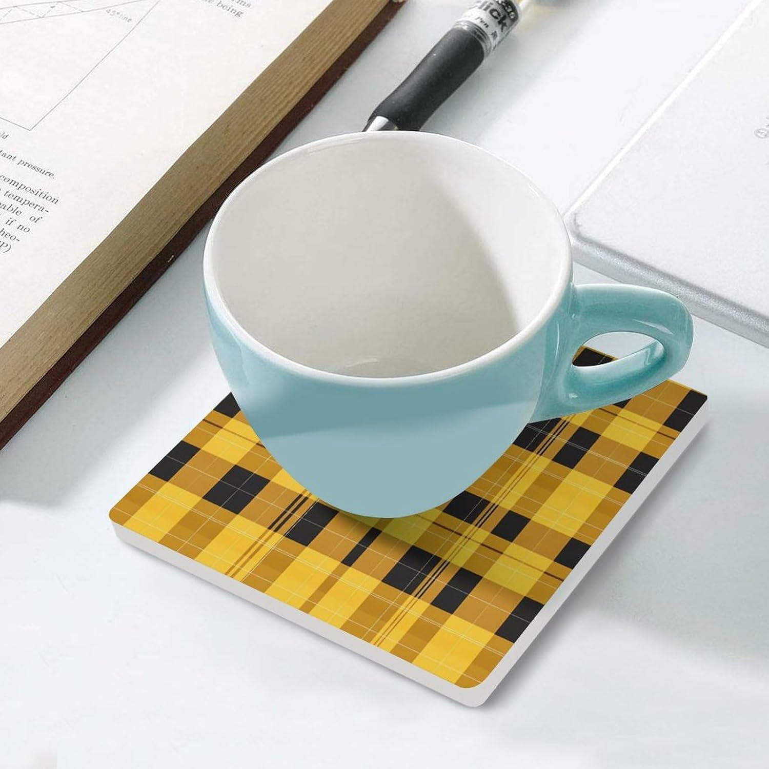 Plaid Checkered Yellow Funny Ceramic Coasters for Drinks Absorbent Cup Holder Tabletop Protector with Cork Base