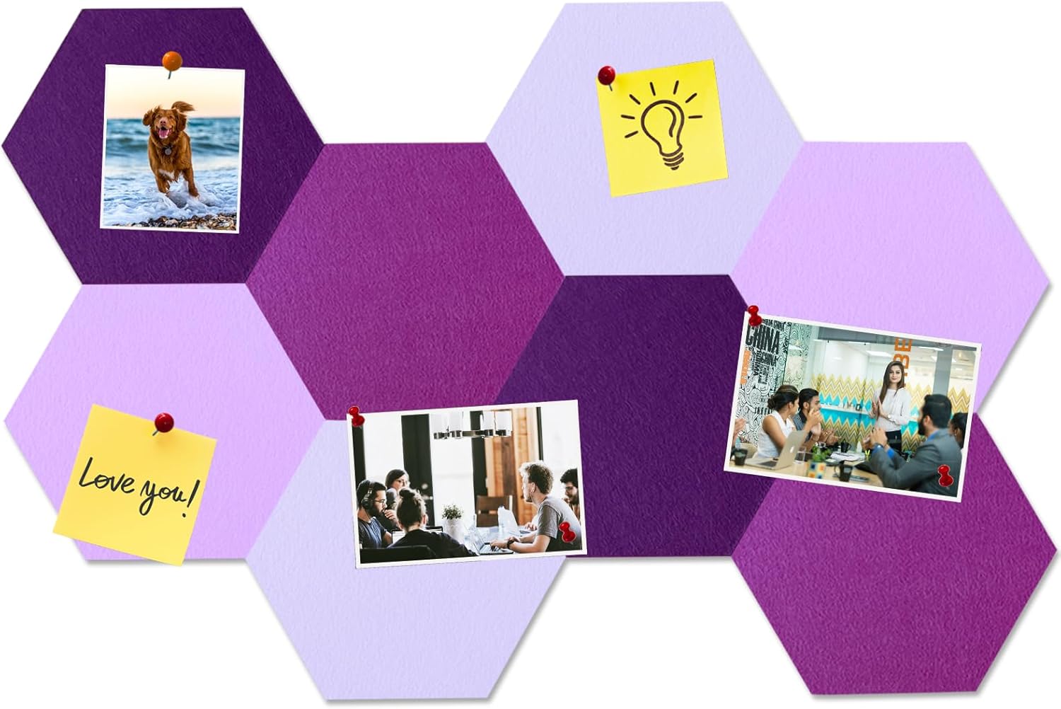 Large Hexagon Felt Cork Board Tiles, Self Adhesive DIY Felt Bulletin Board Pin Board with 35 Pushpins for Office School Home Wall Decor Stickers Memos Photos Display(Gradual Purple)