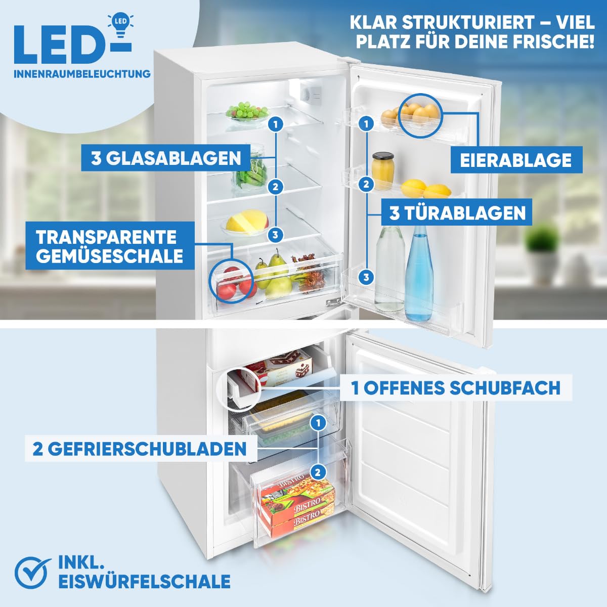 Bomann, KG7359 Réfrigérateur et Congélateur 173L Blanc - 121L Réfrigérateur, 52L Congélateur 4 Étoiles, Éclairage LED, Alarme d'Ouverture, Bac à Légumes, 3 Étagères en Verre, Économie d'Énergie