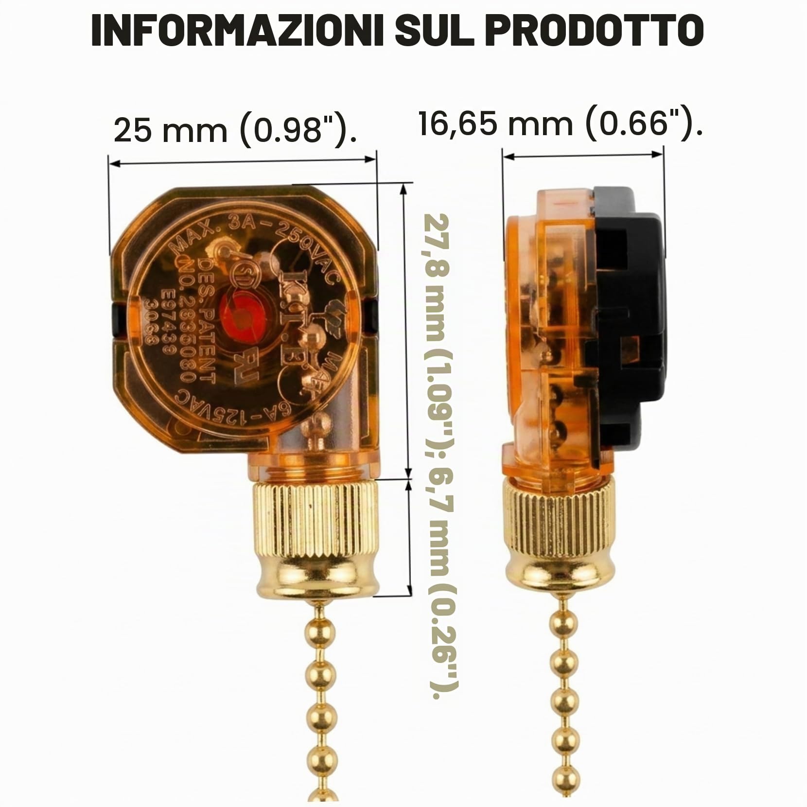 Catene per ventilatori a soffitto e luci interruttore a catenella 3 velocità per ventilatore soffitto catenella dorata da 8 cm per ventilatori e luci ricambio per soggiorno camera da letto