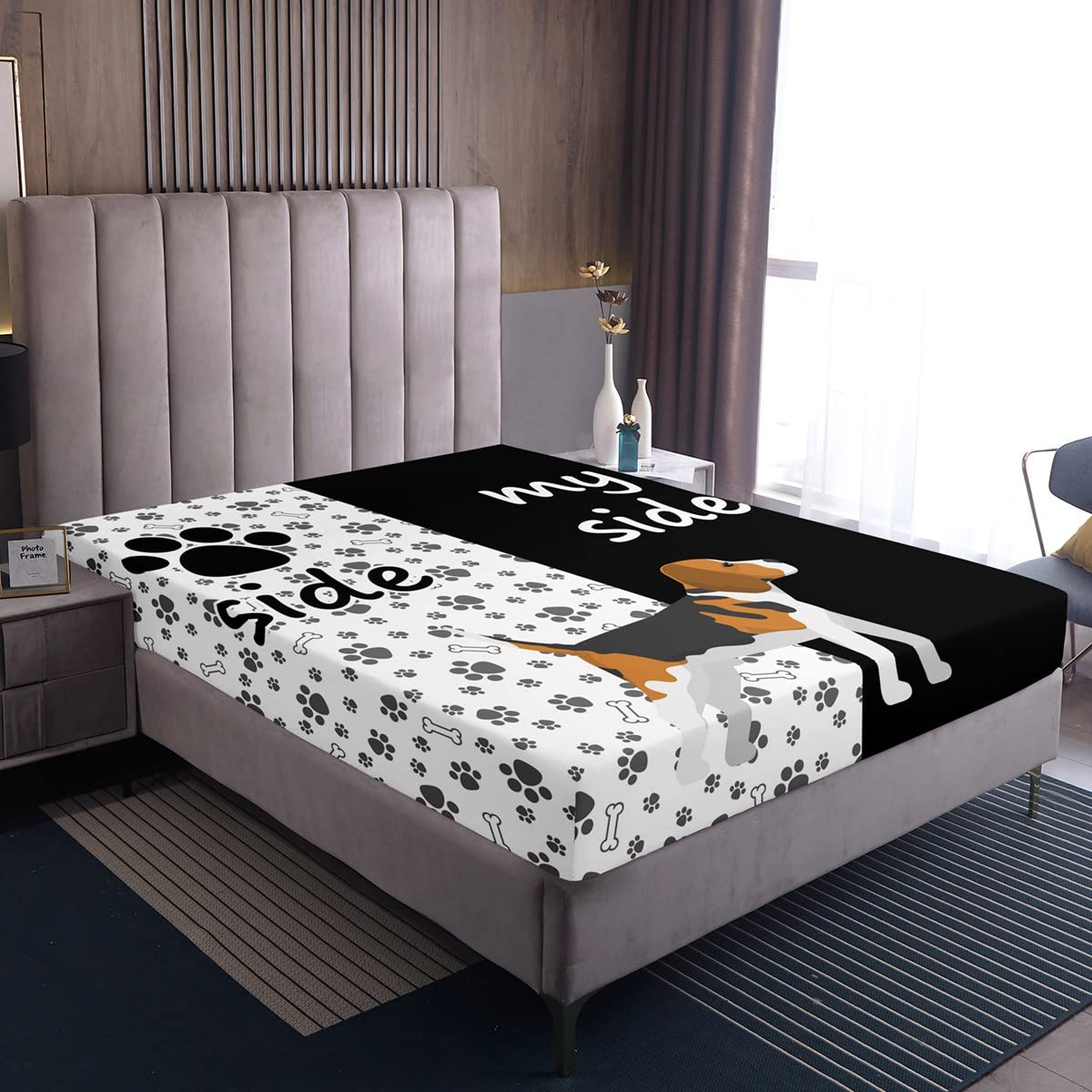 Schönes Hundepfoten Bettlaken 90 x 200 x 30 cm Süße Welpenknochen Spannbettlaken Heimdekoration Bettwäsche Jungen Kinder Schwarz Weißes Tierbettwäsche Set Hund Seite Meine Seite Spannbettlaken