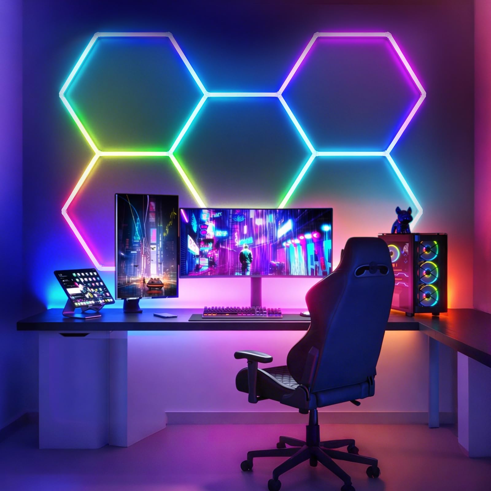 RGB LED Hexagon Deckenleuchte 5 Hex 216W dimmbare Garagenlampe | Musik-Synchronisationsmodus, App- & Fernbedienung Farbwechsel Wabenleuchte für Gaming-Zimmer Fitnessstudio Garage Bars Partei
