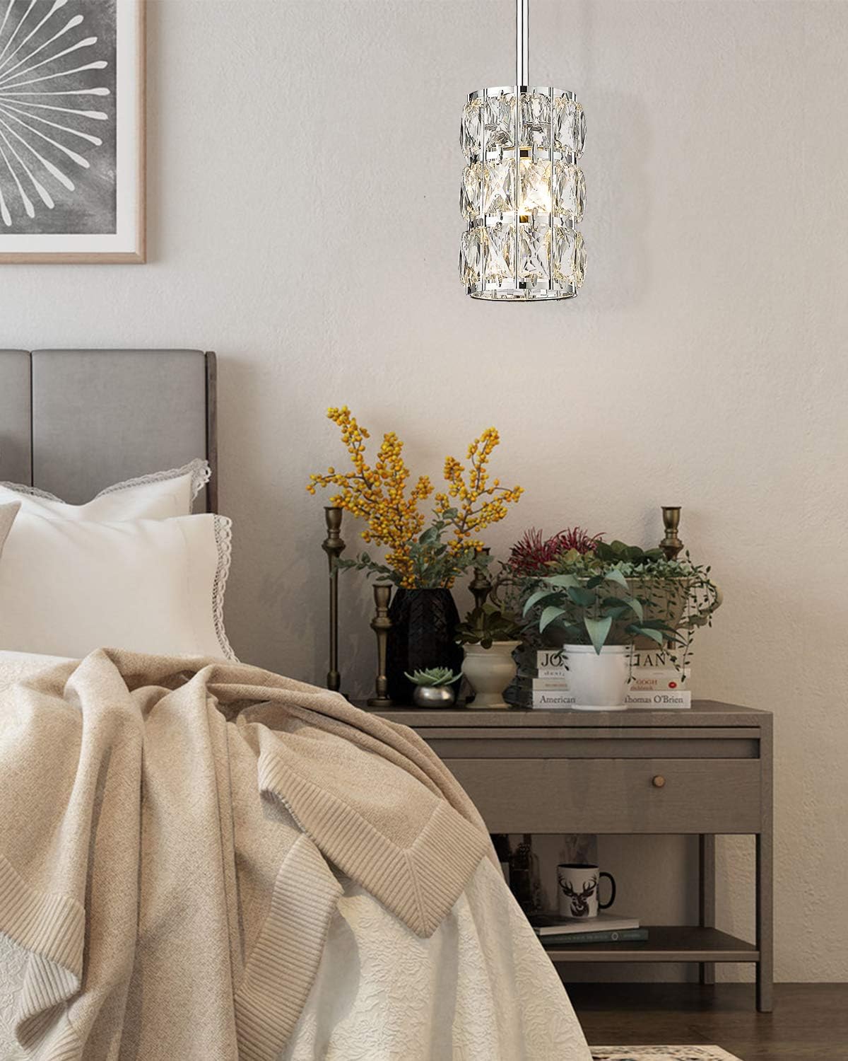 CALDION Mini Crystal Pendant Light Kitchen Island, 1-Light Moden Pendant Light Fixtures, Adjustable Rods Pendant Lighting for Dining Room Bedroom Bar Cofe Bedroom Chrome Finish, 6869PL-CH