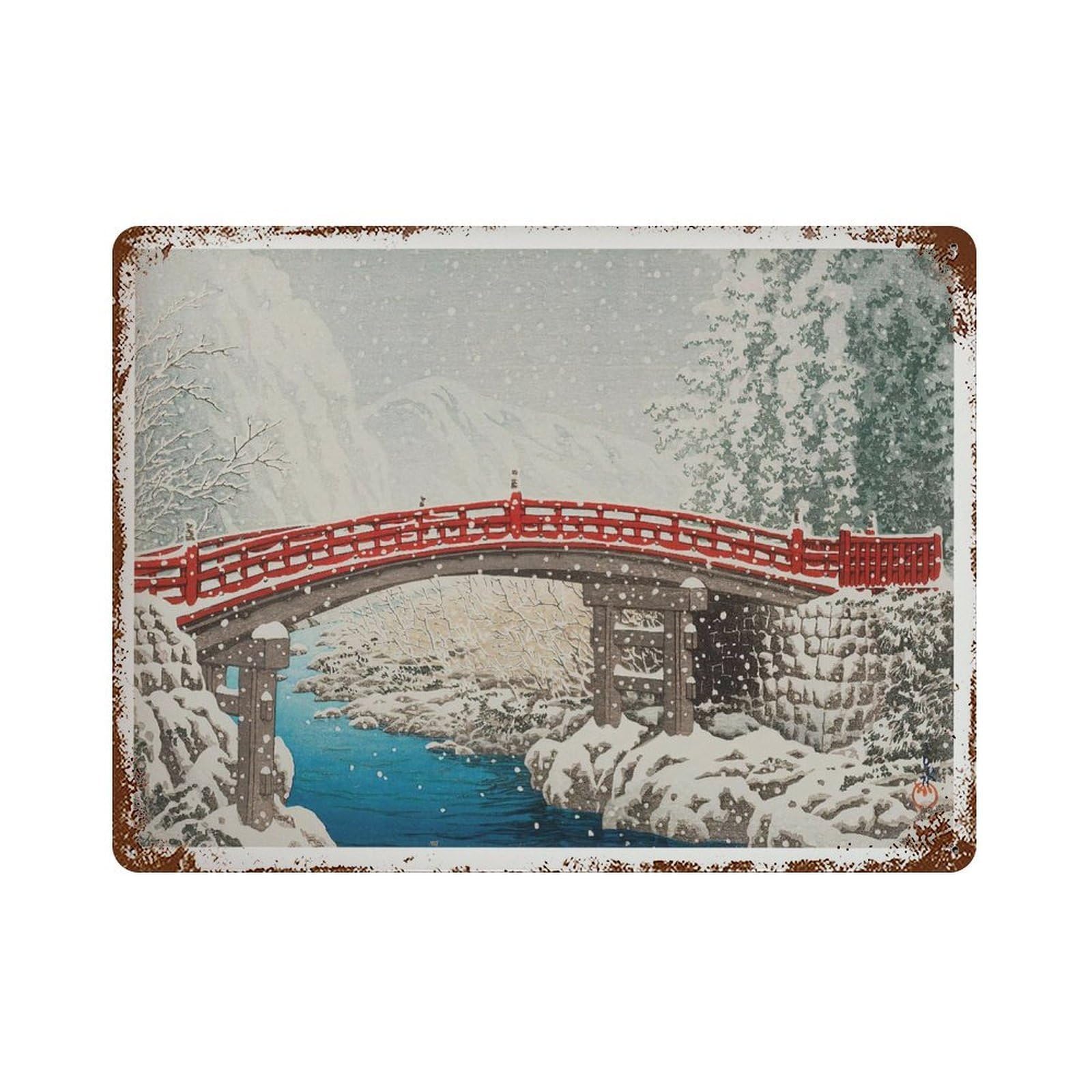 xiaoxiaoshen Hasui Kawase Snow Scene Sacred Bridge at Nikko Wall Decor Art Metal Tin Poster Modern Home Decor Art Home Bar Shop Decorations Vintage Sign 30x40cm