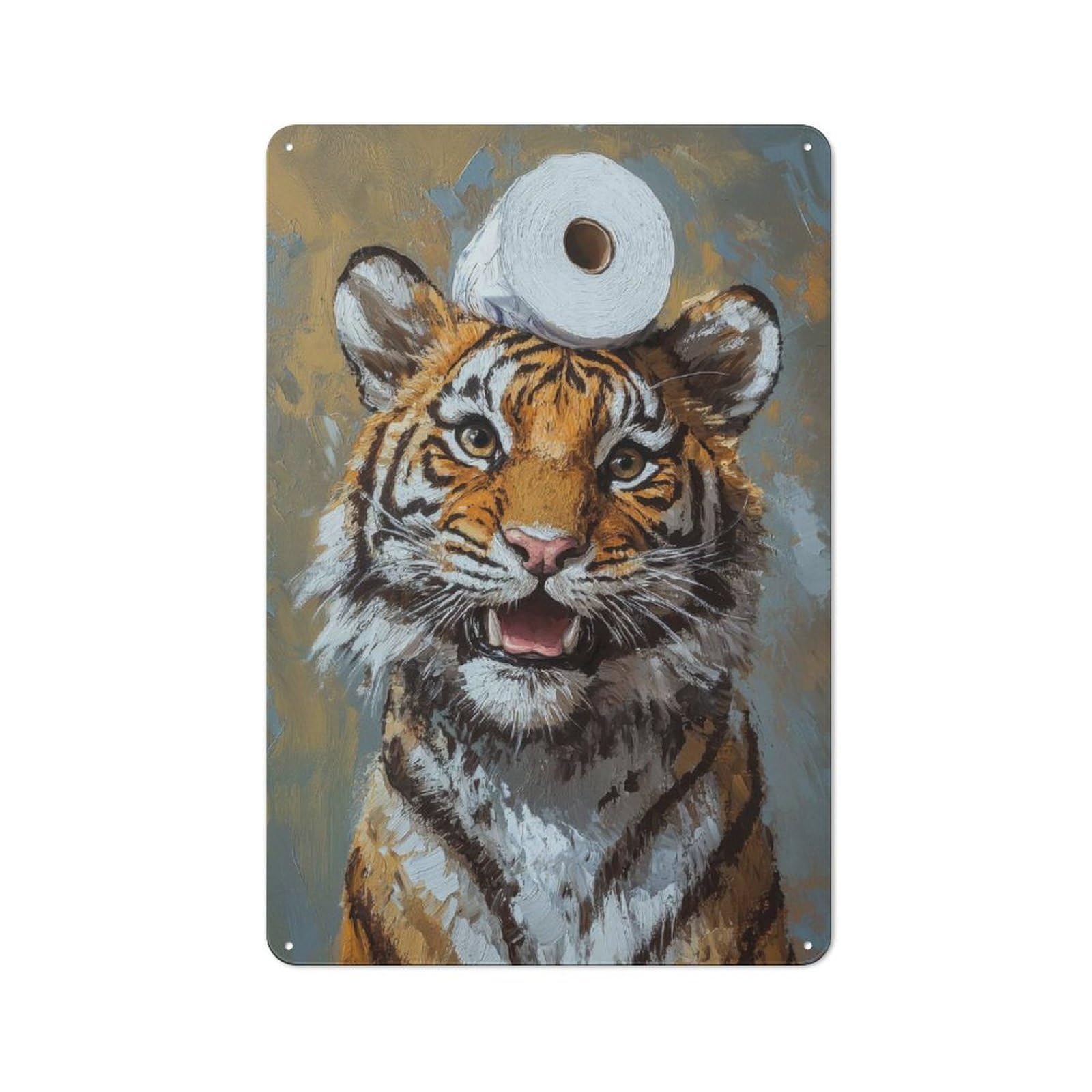 Junmoney Tiger With Toilet Paper Modern Vintage Metal Wall Decor 30X20cm, Office Metal Sign For Office, Study, Studio Or Hallway