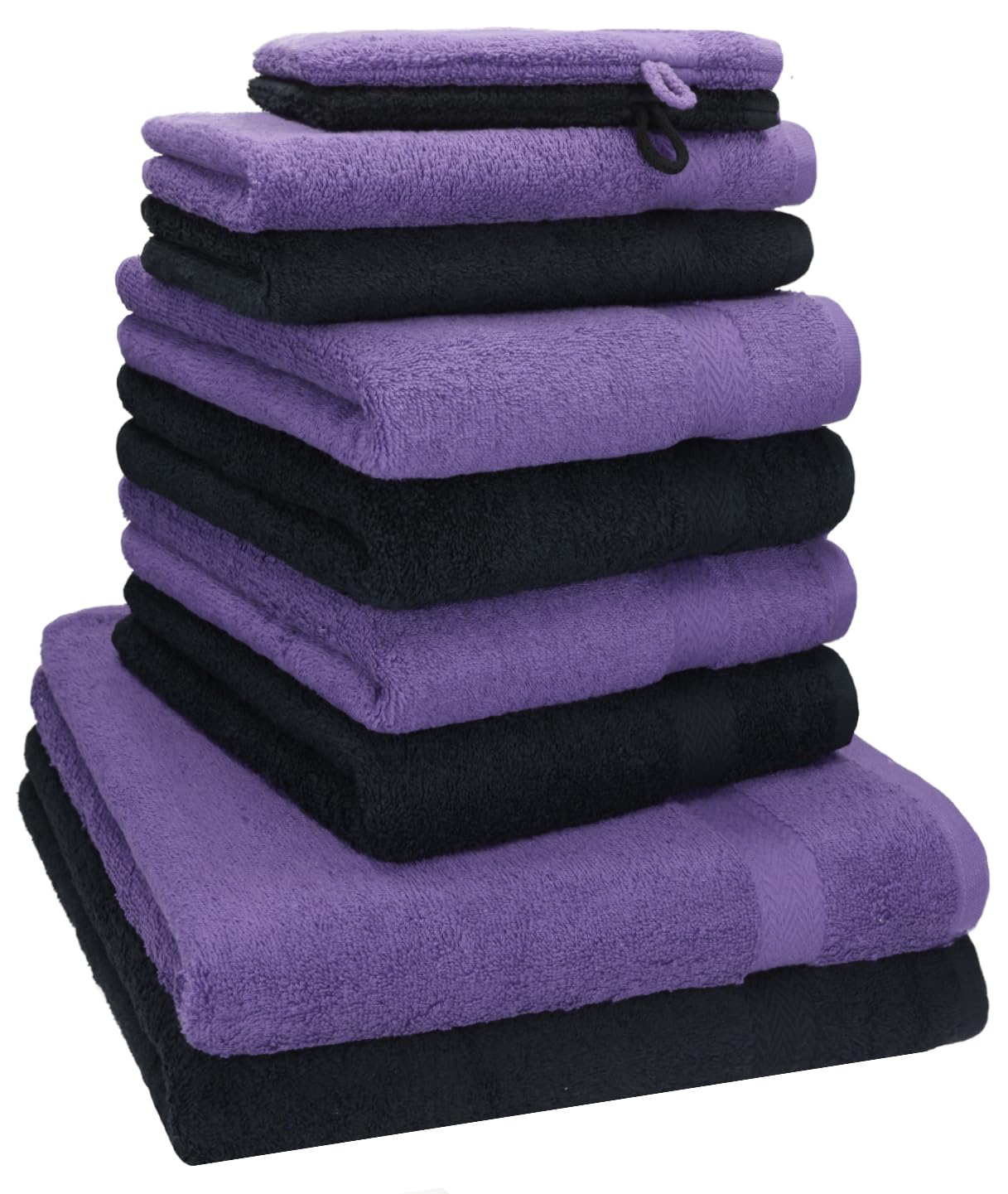 Betz 10-TLG. Handtuch-Set Premium 100% Baumwolle 2 Duschtücher 4 Handtücher 2 Gästetücher 2 Waschhandschuhe Farbe Lila & Schwarz