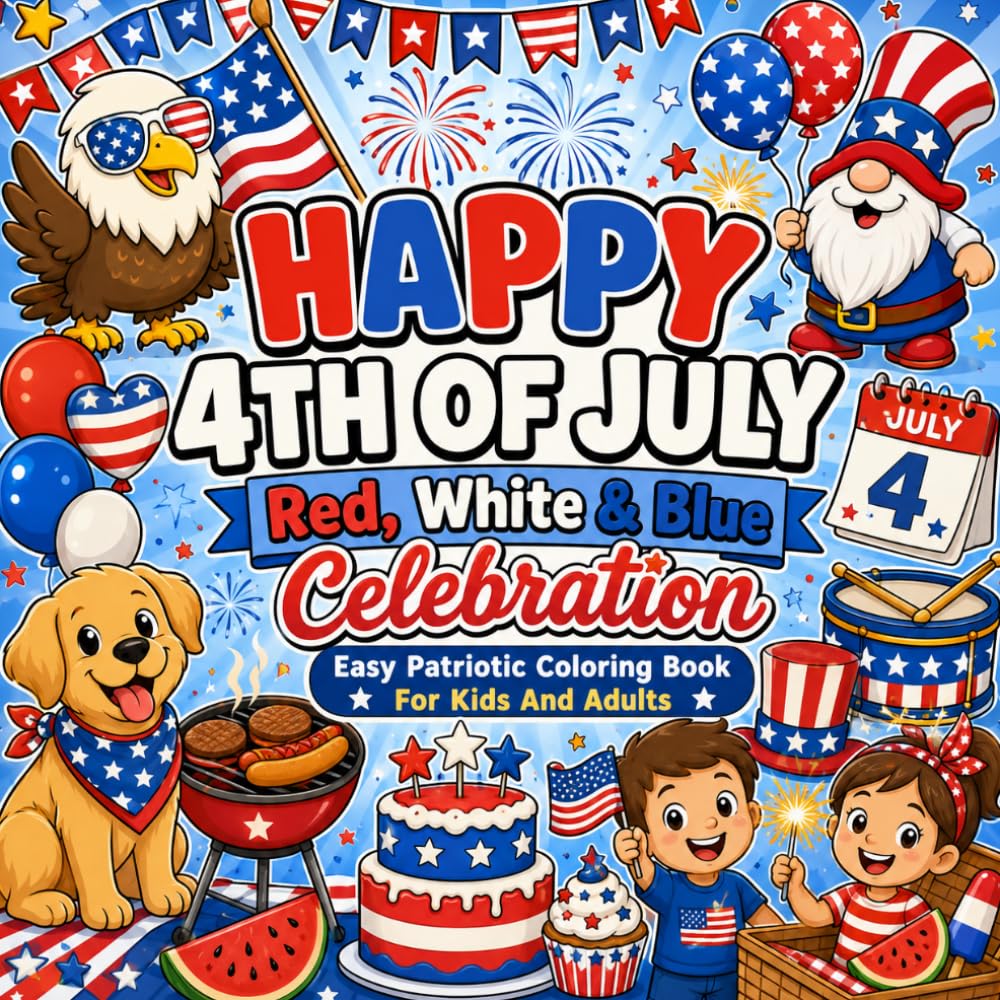 4th Of July: Bold & Easy Coloring Book: Suitable for Both Adults & Kids with Big Coloring Pages Featuring American Flags, Fireworks & gnome, eagle, puppy, balloons, cupcakes