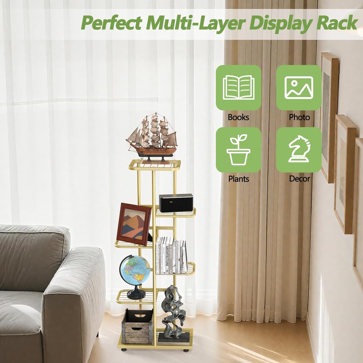 6 Tier Gold Plant Stands Indoor Outdoor, Upgraded Corner Metal Plant Rack Shelf for Multiple Plants, with Gardening Tools and Gloves, Tall Flower Pot Holder Display for Patio, Balcony