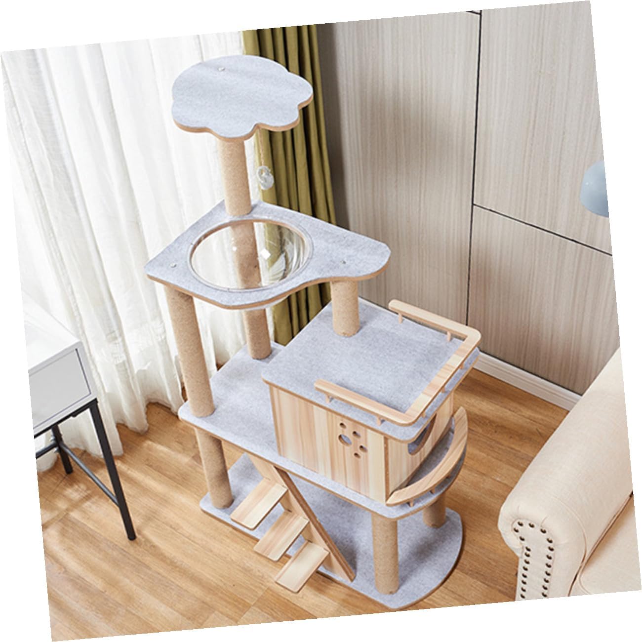 Large Multipurpose Solid Wood Cat Tree Tower with Wool Felt Cover Multi-Layer Cat Climbing Frame Four-Season Sturdy