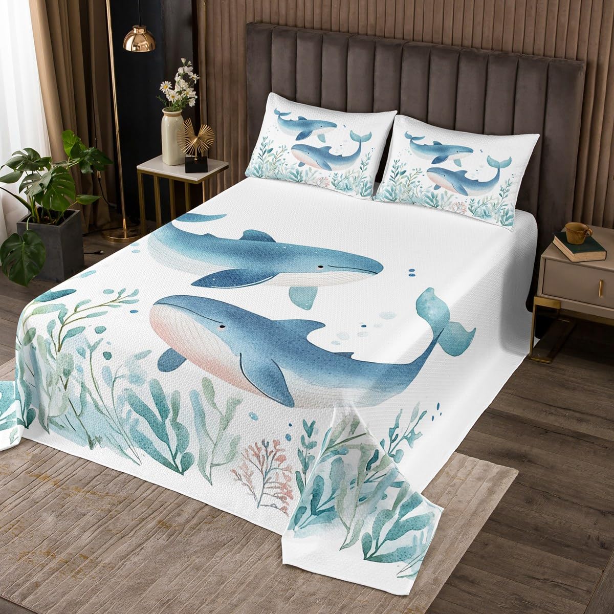 Erosebridal Cute Whale Coverlet Set King Size Ocean Bedspread for Kids Boys Girls Marine Life Cartoon Corals Quilted Coverlet Seaweed Blue Green Coast Water Bubble Bedroom Decor