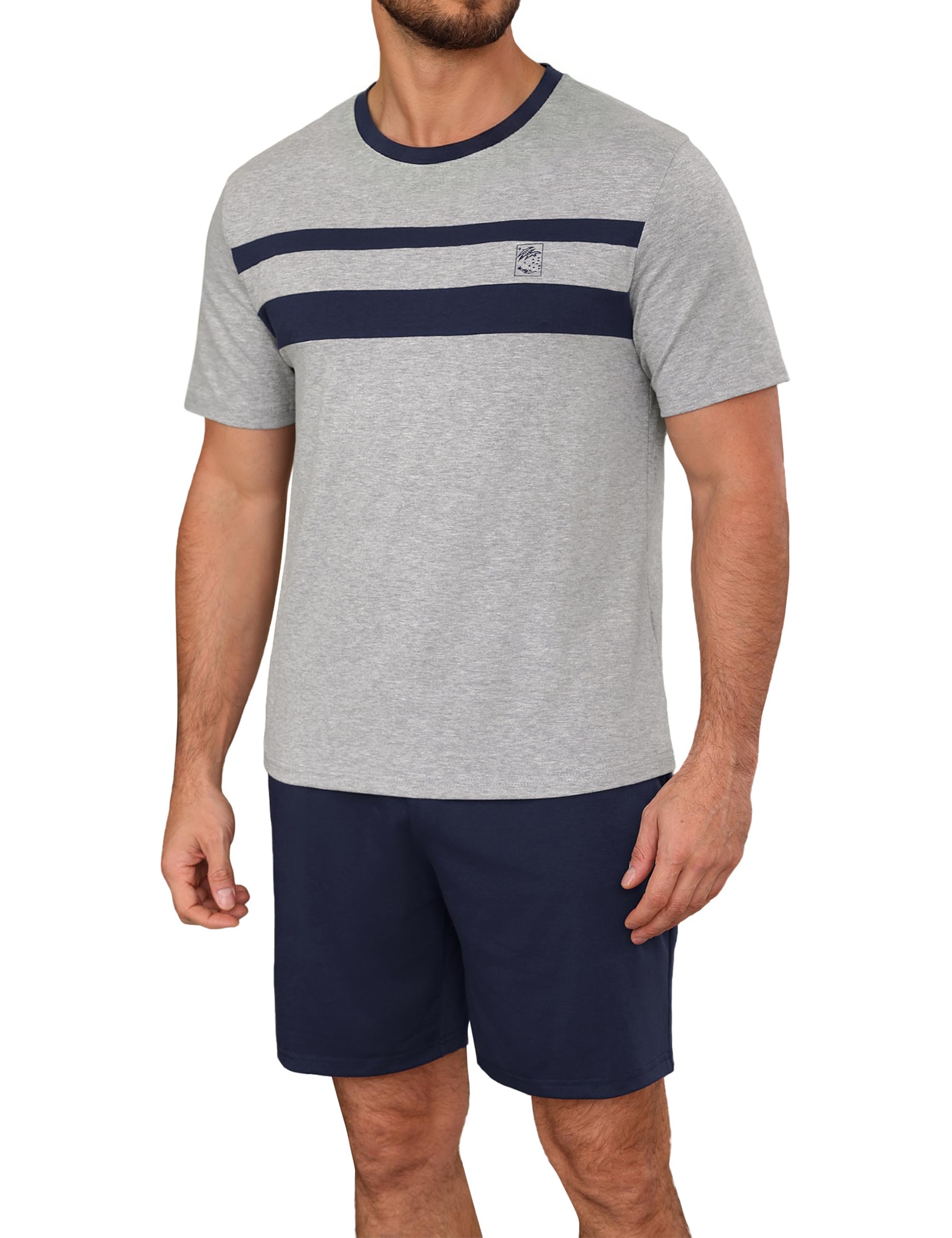 Marvmys Pijamas Hombre Verano Corto Algodón Cuello Redondo Manga Cortas Tops Pijama Pantalones con Bolsillo S-3XL