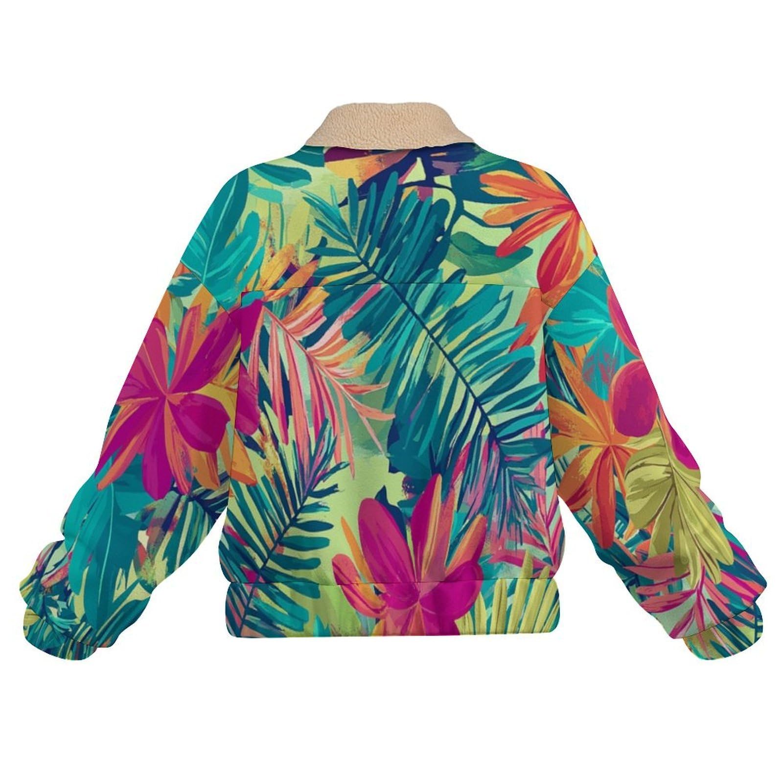 Giacca da Donna Pile con Zip, Giacche Giacca piante tropicali Teddy Versione, Loose del astratto Cappotto a Maniche Lunghe Autunno e Inverno Caldo Cappotto