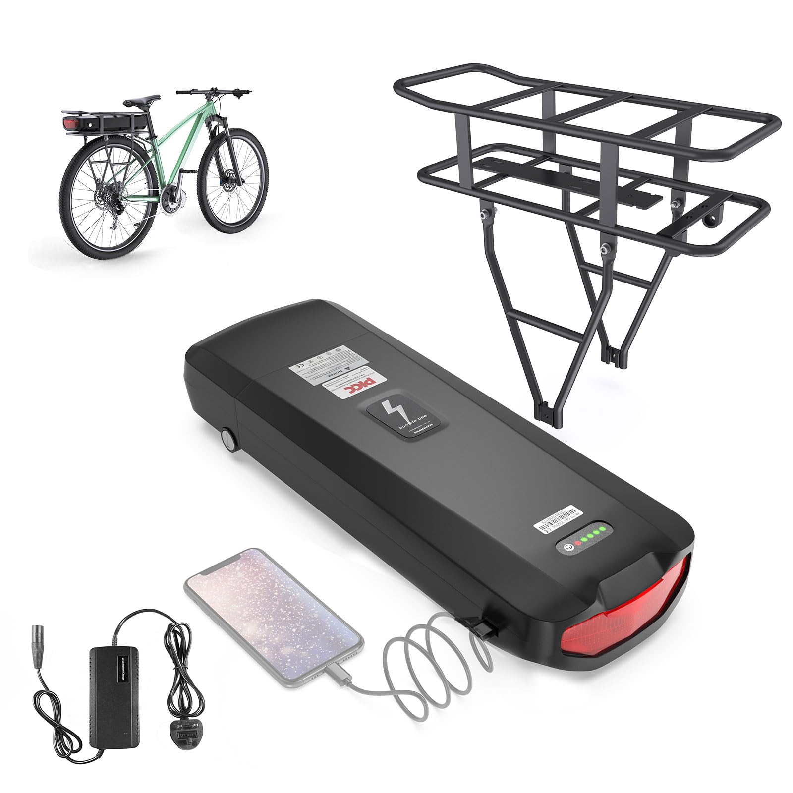 Varstrom 48V 17.5Ah Rear Rack Battery with Charger & USB Port, Lithium ...