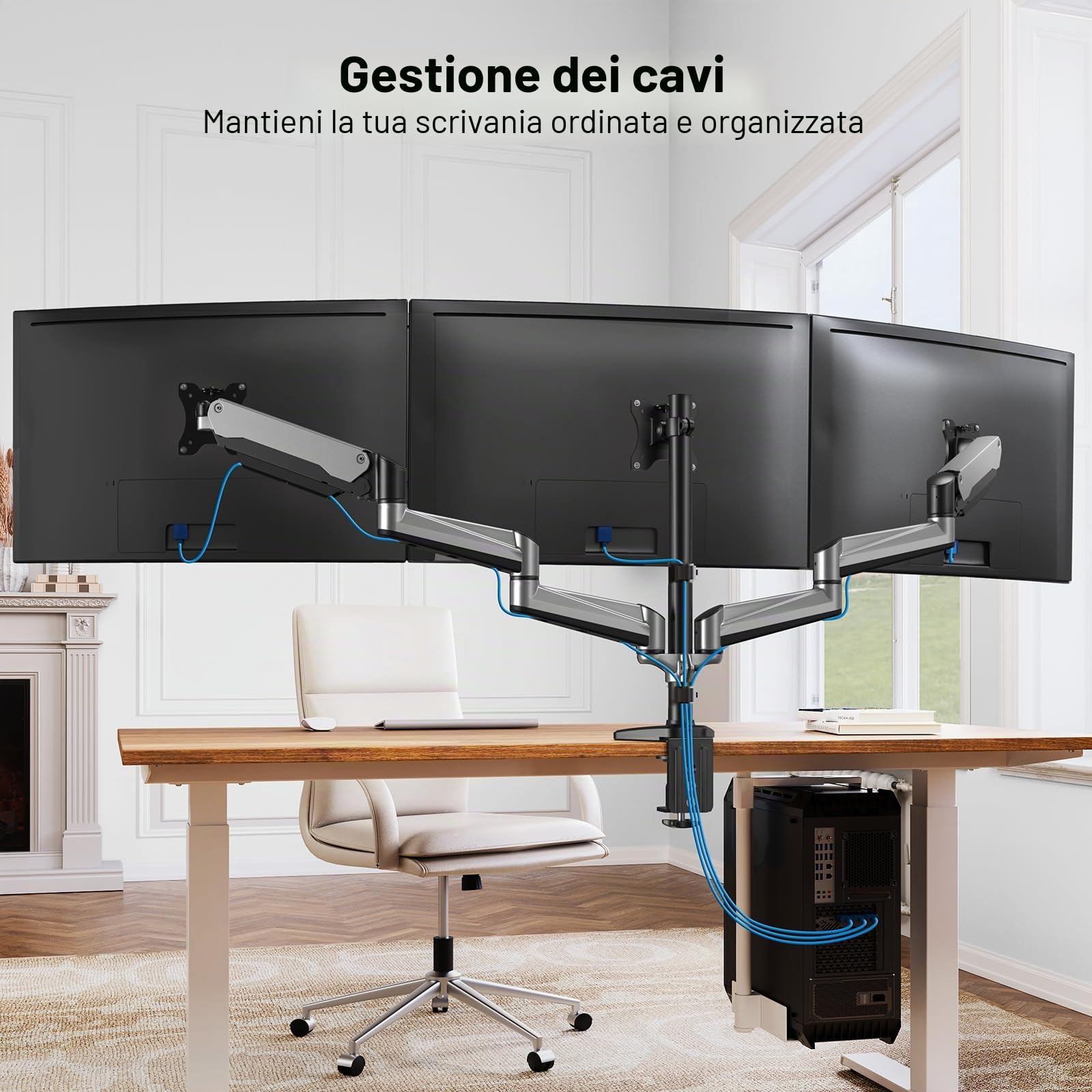 HUANUO Supporto per Monitor Triplo per Schermi Curvi da 13-32 Pollici, Braccio per Monitor Regolabile, Supporto per Monitor con molla a Gas, Capacità di Peso 8KG per Braccio
