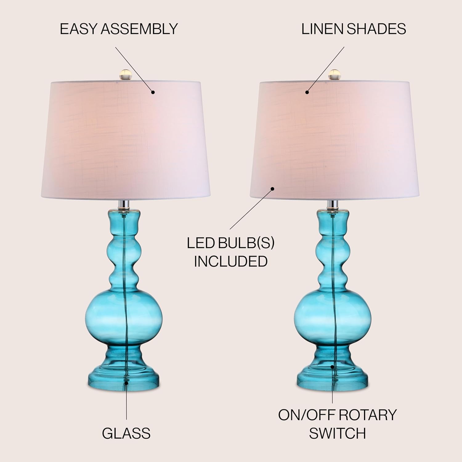 Genie Aqua Glass LED Table Lamp Set with White Shades