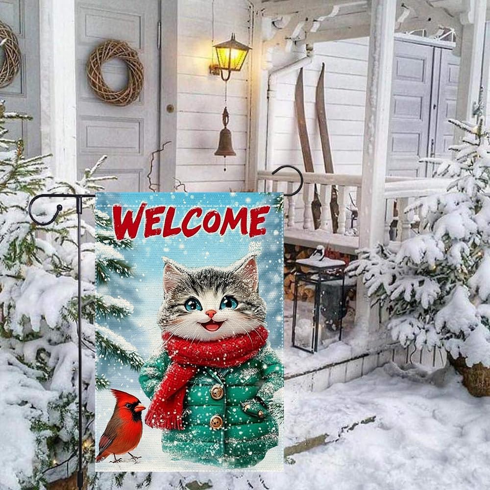 Winter Welcome Garden Flag 12x18 Inch Double-Sided Burlap Decor with Cute Cat and Cardinal Print for Outdoor Christmas Holiday Front Porch Decoration - Image 8