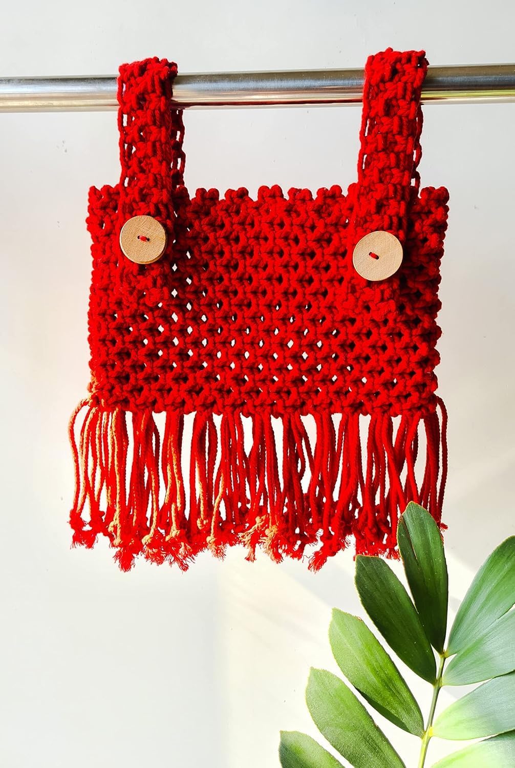 JVNX Handmade Macrame Wall Pocket Organizer – Boho Hanging Storage for Bathroom & Home Décor – Red Cotton Rope